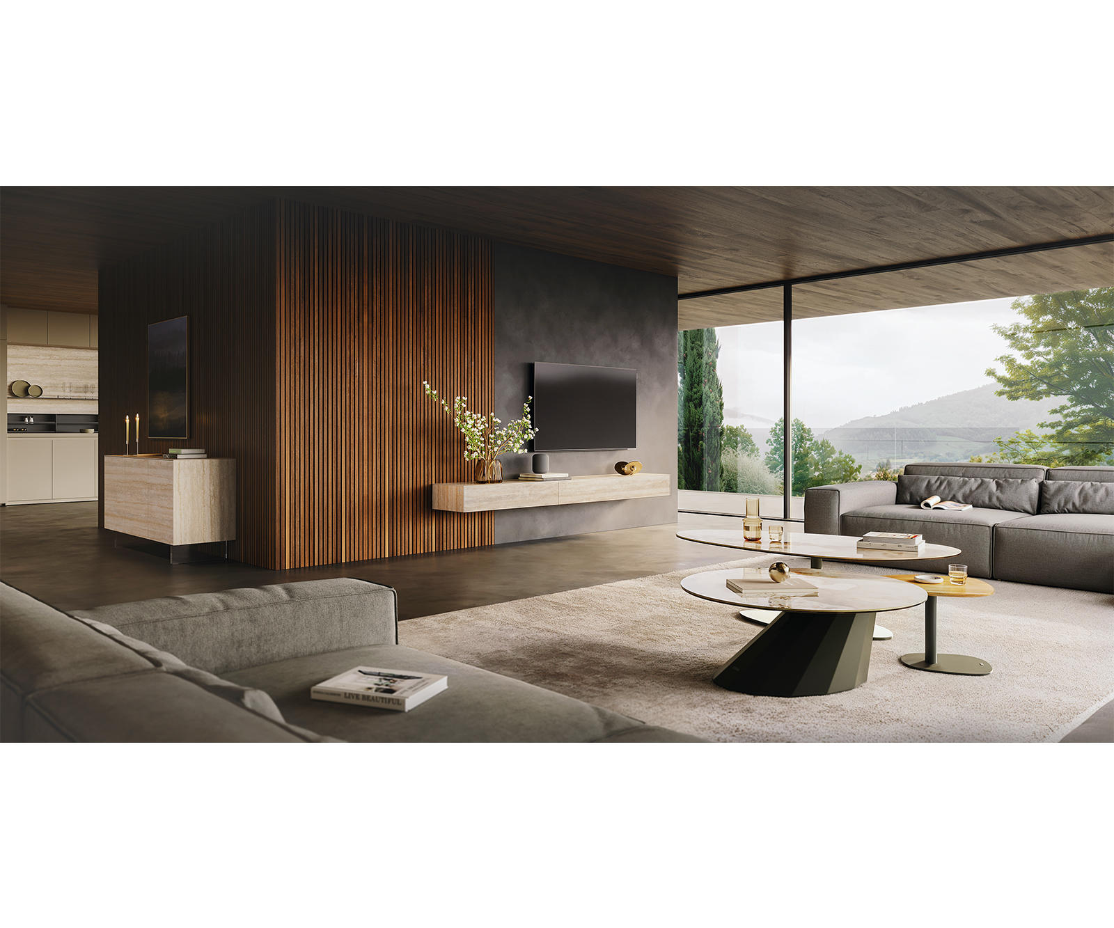 TV szekrény Cuor 250 cm kerámia Laminam® Travertino Bianco krémfehér 1 billenő ajtó 1 fiókos rekesz lebegő fém láb fekete - Image 7