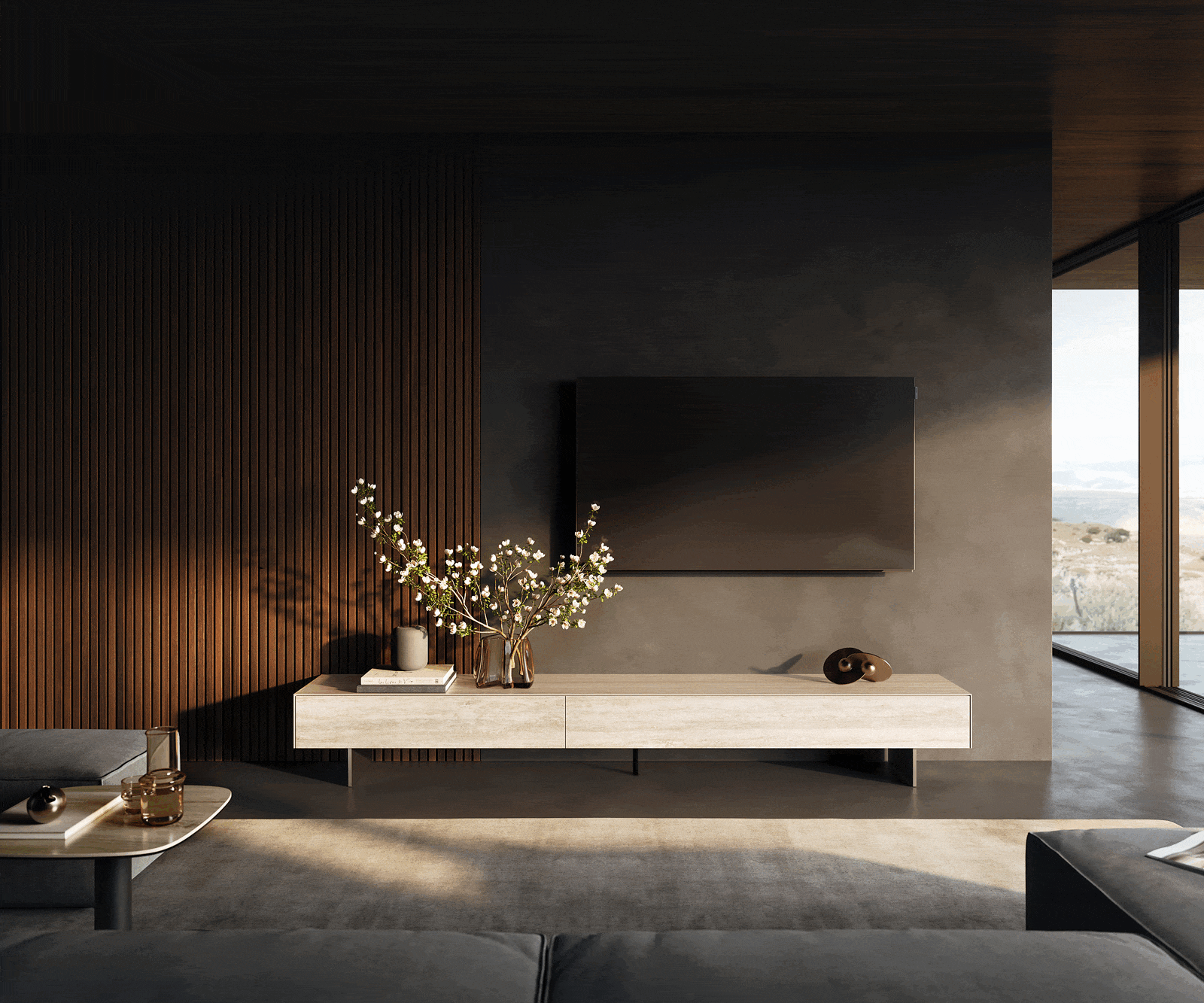 TV szekrény Cuor 250 cm kerámia Laminam® Travertino Bianco krémfehér 1 billenő ajtó 1 fiókos lebegő láb rozsdamentes acélból - Image 2