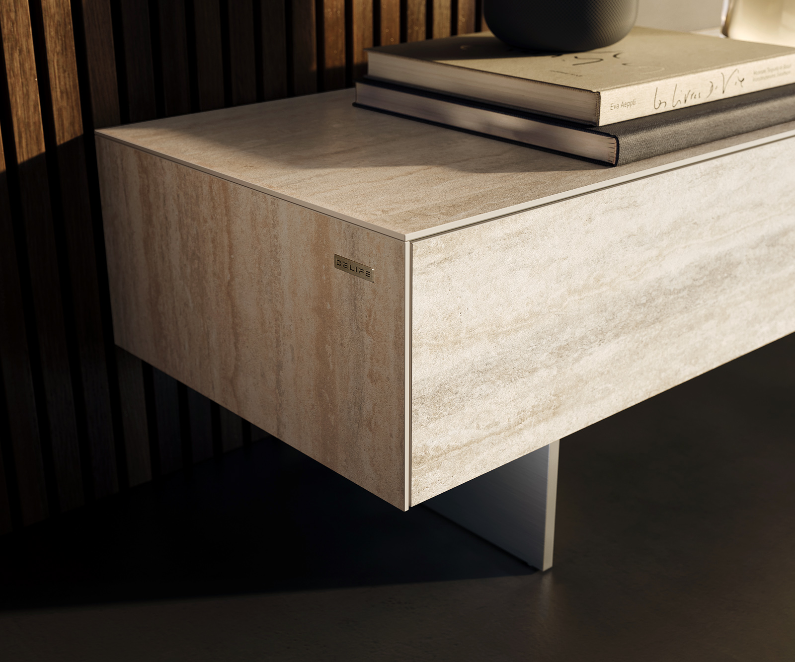 TV szekrény Cuor 250 cm kerámia Laminam® Travertino Bianco krémfehér 1 billenő ajtó 1 fiókos lebegő láb rozsdamentes acélból - Image 6