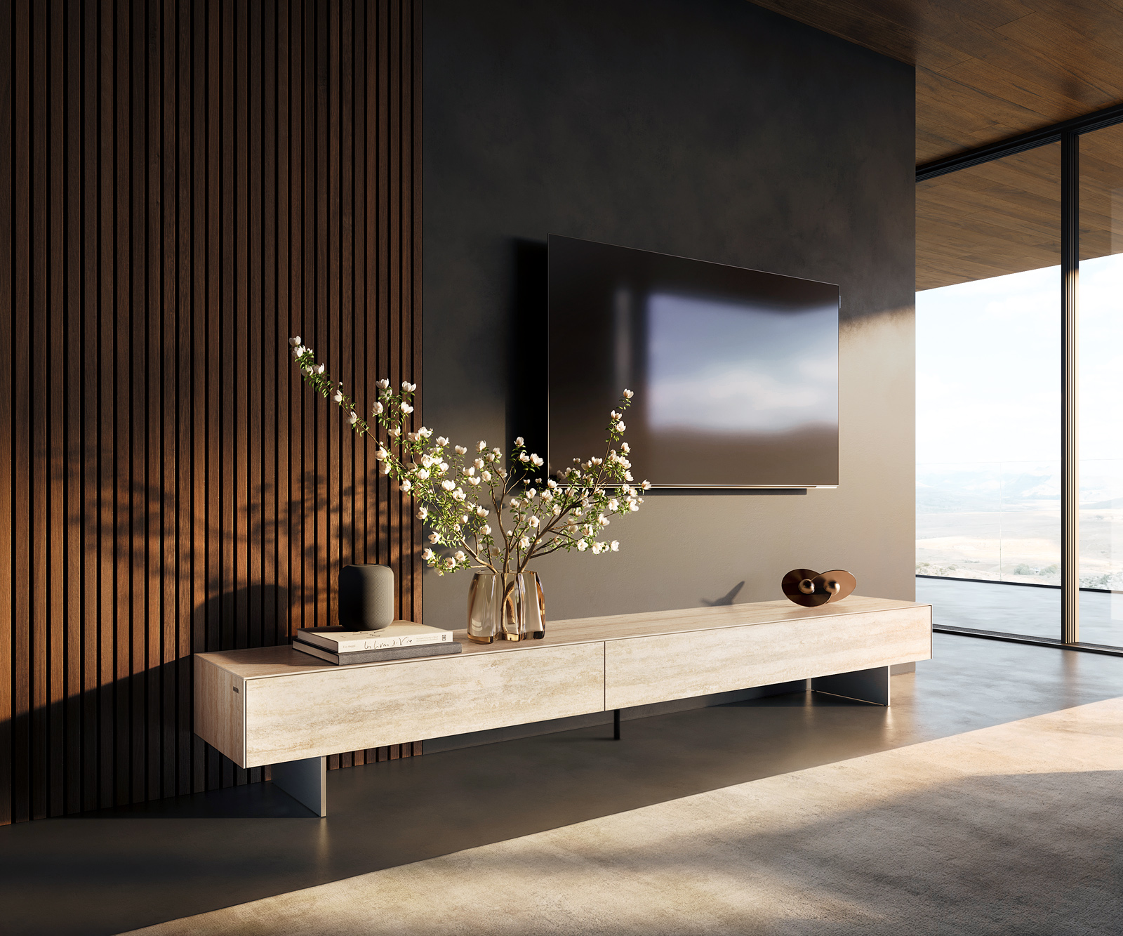 TV szekrény Cuor 250 cm kerámia Laminam® Travertino Bianco krémfehér 1 billenő ajtó 1 fiókos lebegő láb rozsdamentes acélból