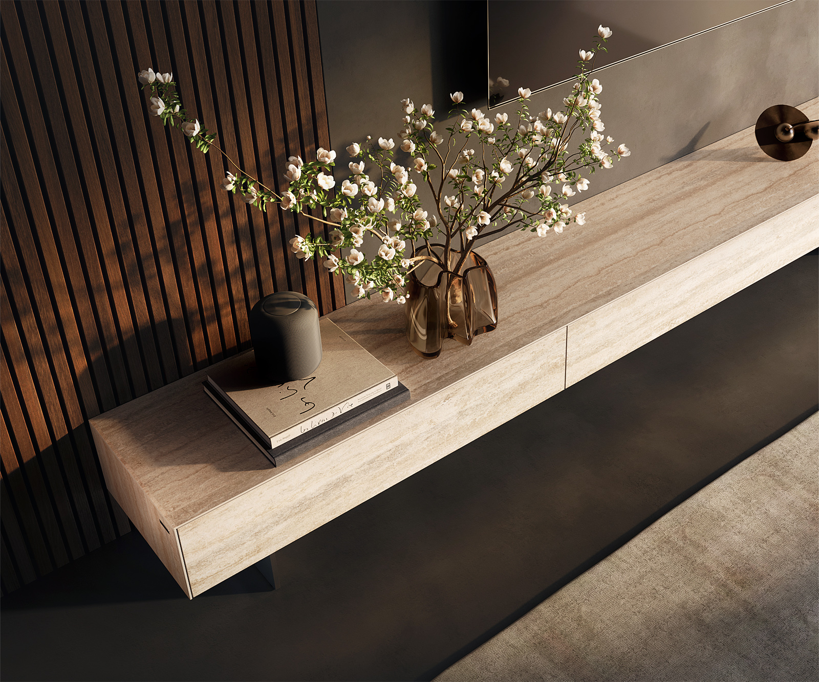 TV szekrény Cuor 250 cm kerámia Laminam® Travertino Bianco krémfehér 1 billenő ajtó 1 fiókos lebegő láb rozsdamentes acélból - Image 4