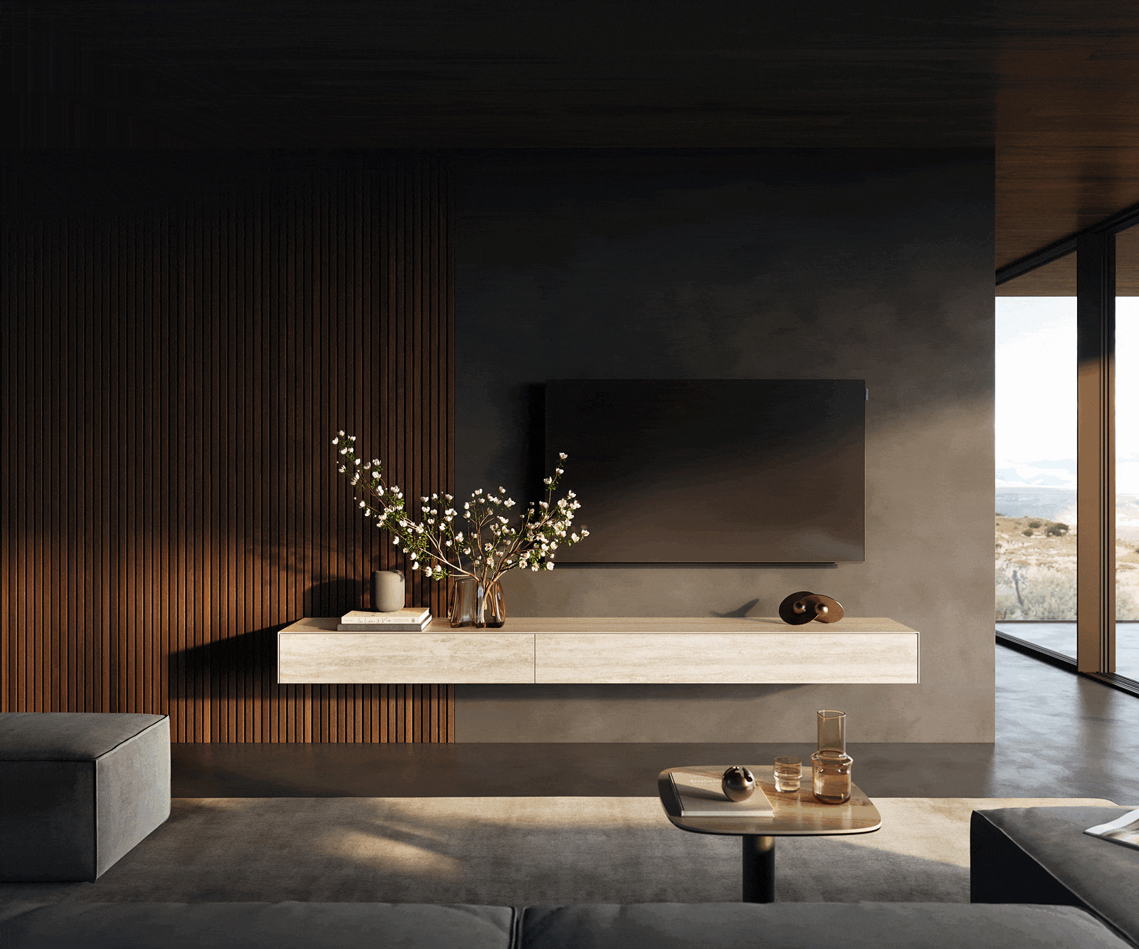 TV szekrény Cuor 250 cm kerámia Laminam® Travertino Bianco krémfehér 1 billenő ajtó 1 fiókos lebegő - Image 2