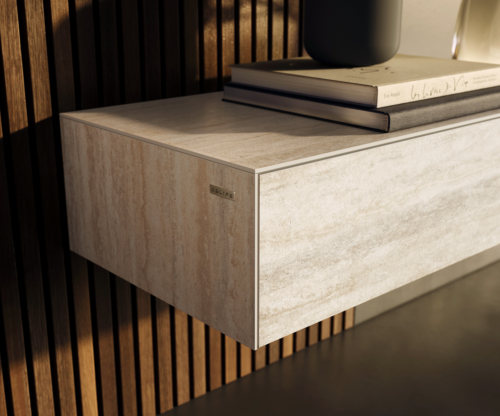 TV szekrény Cuor 250 cm kerámia Laminam® Travertino Bianco krémfehér 1 billenő ajtó 1 fiókos lebegő - Image 6