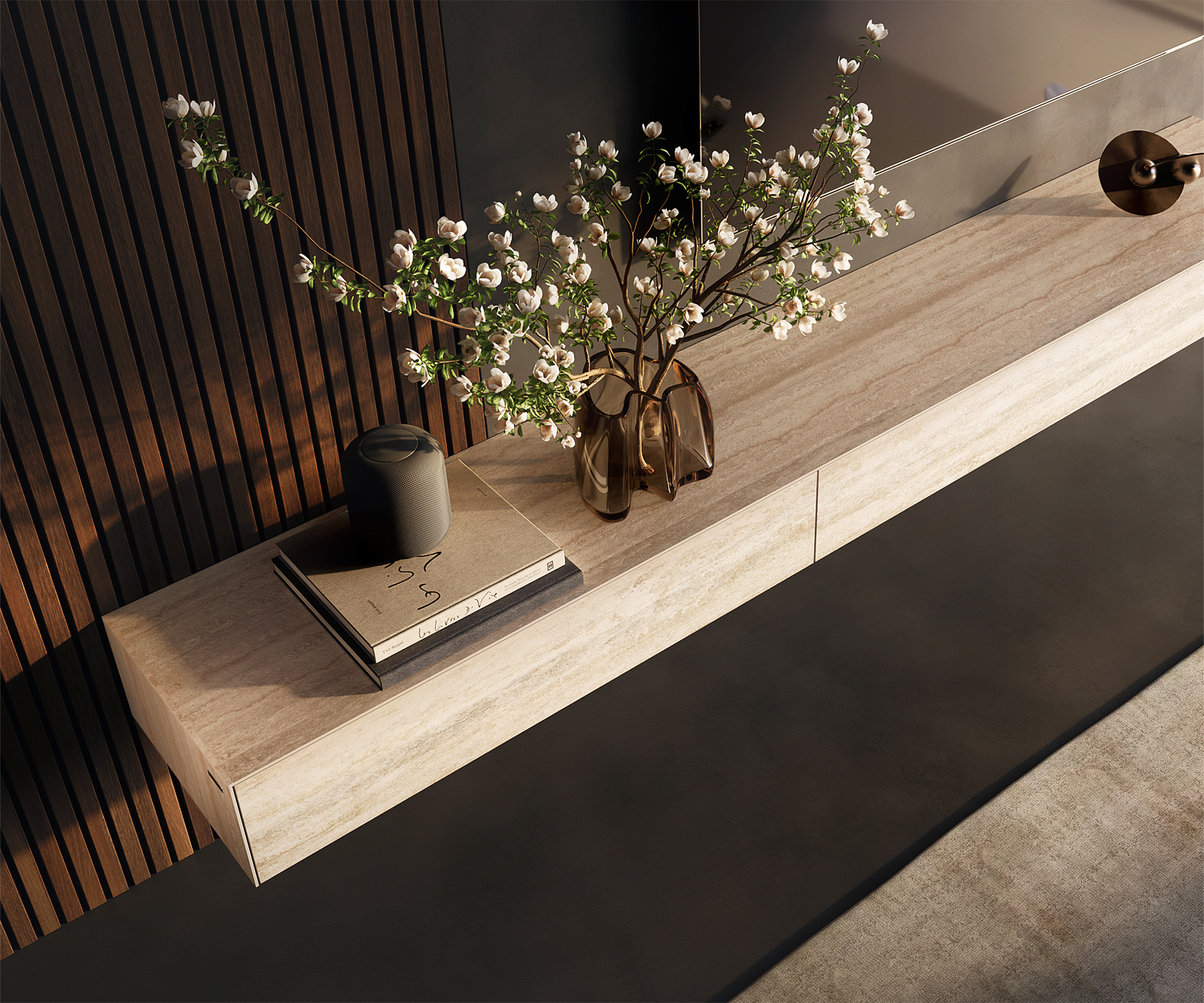 TV szekrény Cuor 250 cm kerámia Laminam® Travertino Bianco krémfehér 1 billenő ajtó 1 fiókos lebegő - Image 4