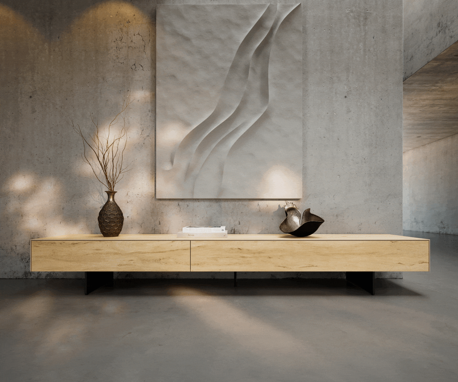 TV szekrény Cuor 250 cm kerámia Laminam® Sabbia tölgyszínű 1 billenő ajtó 1 fiókos lebegő fém láb fekete - Image 2