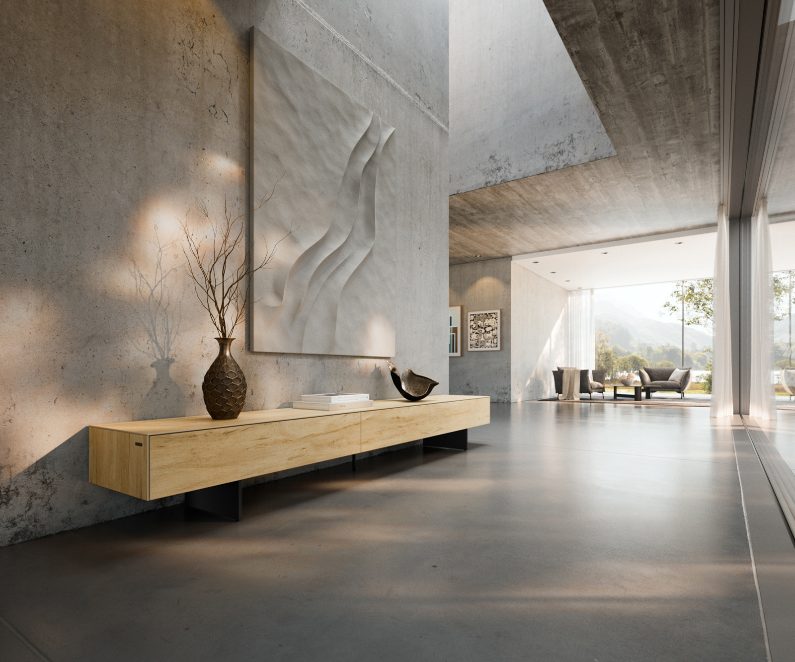 TV szekrény Cuor 250 cm kerámia Laminam® Sabbia tölgyszínű 1 billenő ajtó 1 fiókos lebegő fém láb fekete