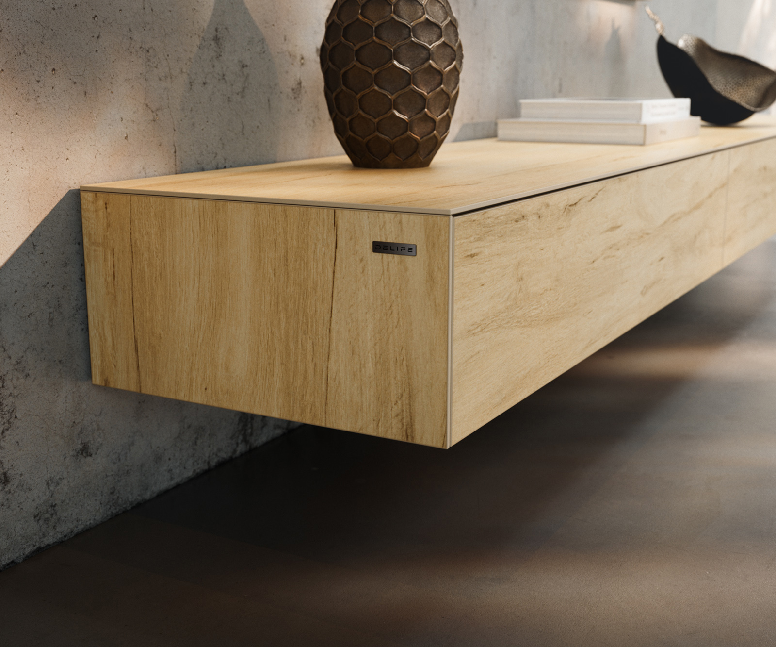 TV szekrény Cuor 250 cm kerámia Laminam® Sabbia tölgyszínű 1 billenő ajtó 1 fiókos lebegő fém láb fekete - Image 6