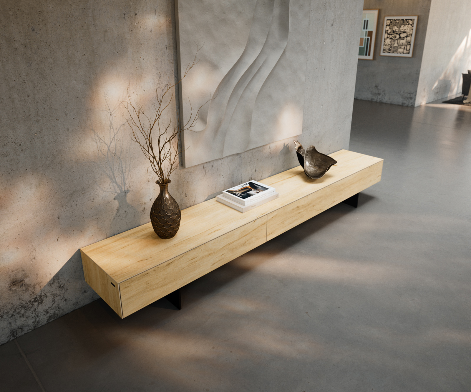 TV szekrény Cuor 250 cm kerámia Laminam® Sabbia tölgyszínű 1 billenő ajtó 1 fiókos lebegő fém láb fekete - Image 4