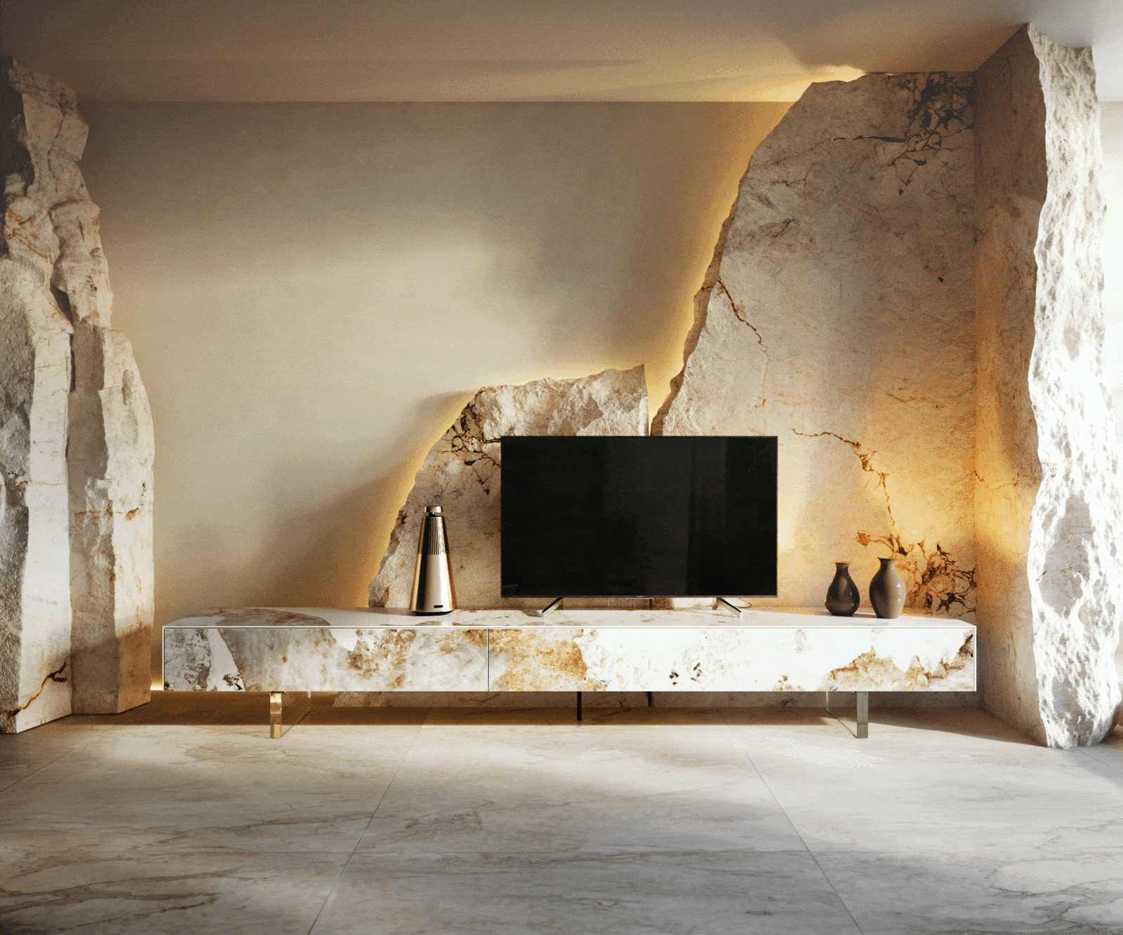 TV szekrény Cuor 250 cm kerámia Minas melange fehér-bézs 1 billenő ajtó 1 fiók lebegő láb akrilüveg - Image 6