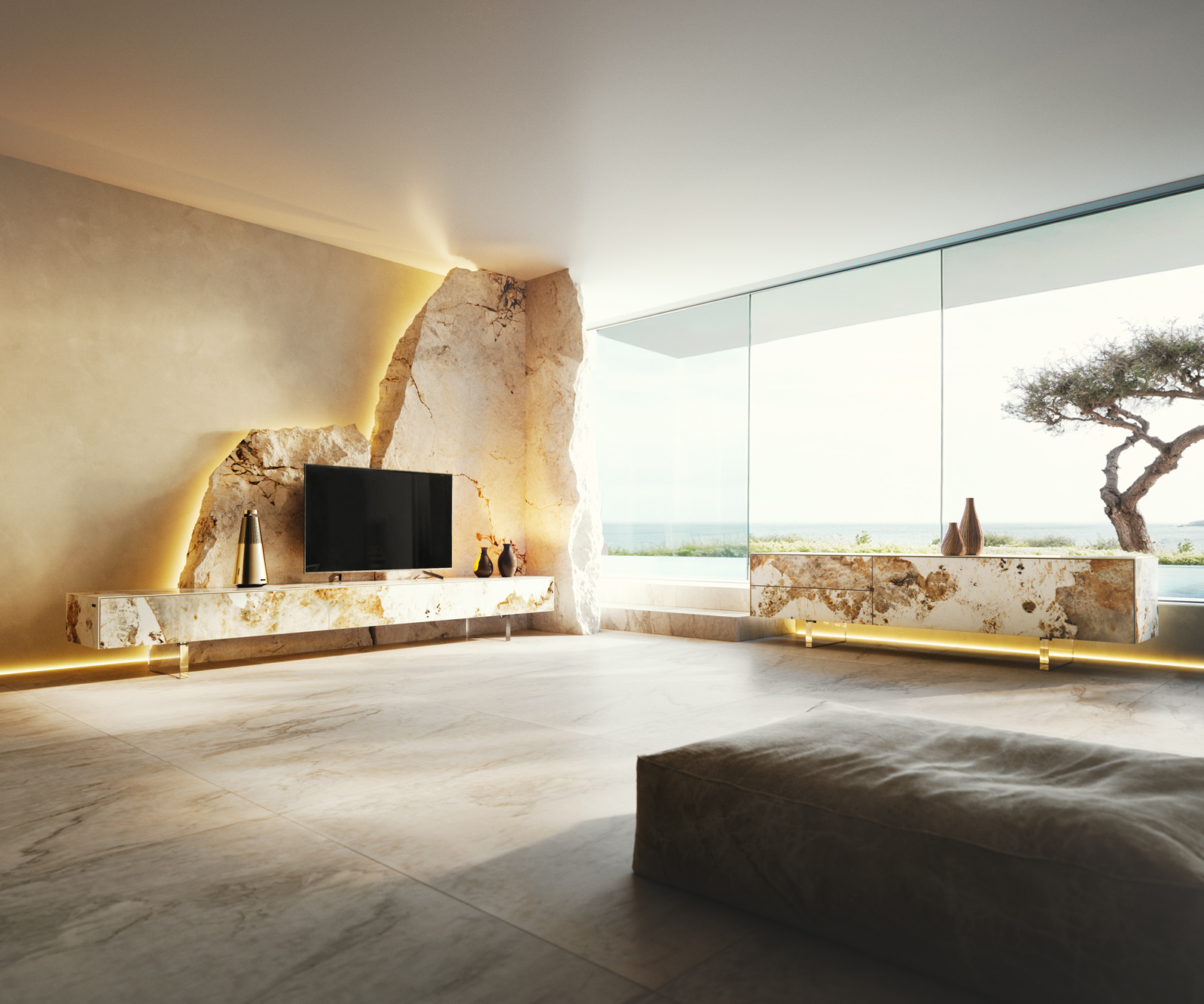 TV szekrény Cuor 250 cm kerámia Minas melange fehér-bézs 1 billenő ajtó 1 fiók lebegő láb akrilüveg - Image 8