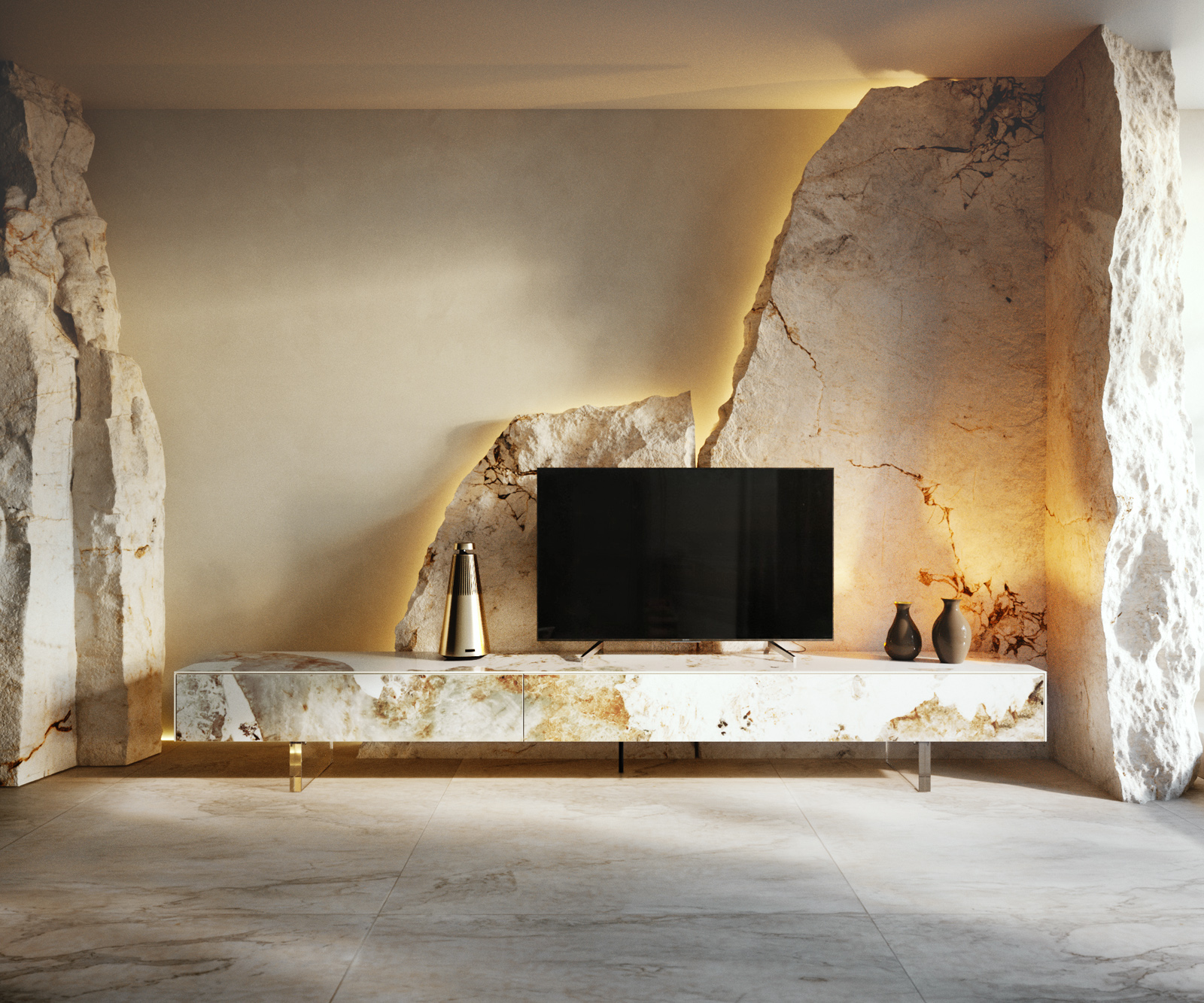 TV szekrény Cuor 250 cm kerámia Minas melange fehér-bézs 1 billenő ajtó 1 fiók lebegő láb akrilüveg