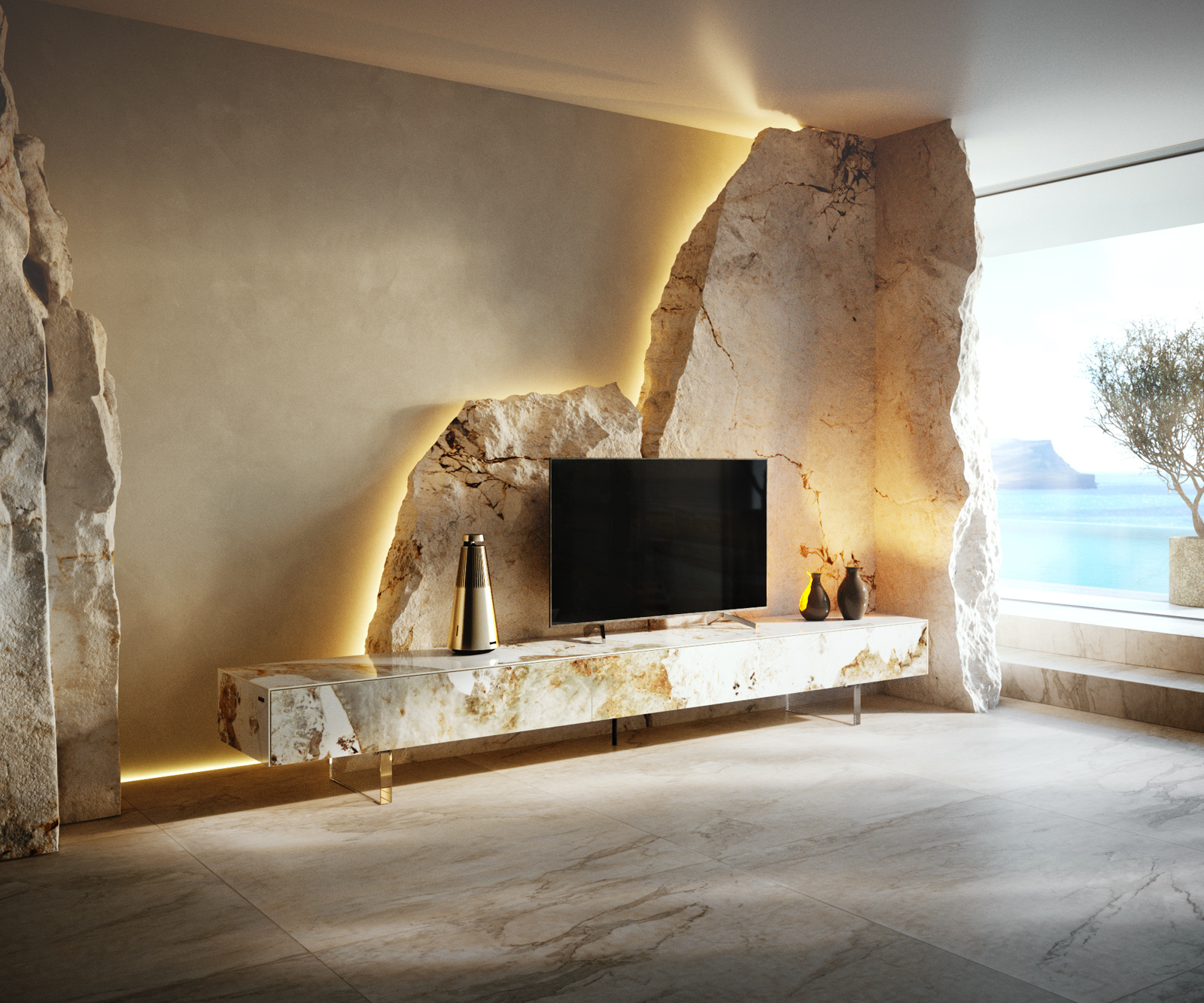 TV szekrény Cuor 250 cm kerámia Minas melange fehér-bézs 1 billenő ajtó 1 fiók lebegő láb akrilüveg - Image 2