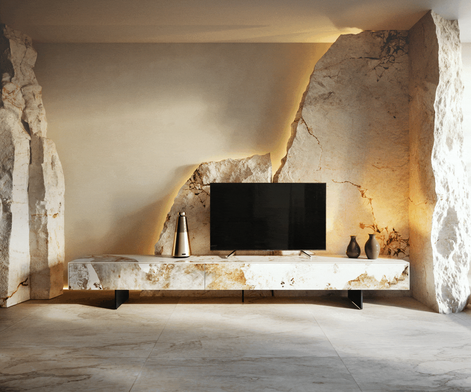 TV szekrény Cuor 250 cm kerámia Minas melange fehér-bézs 1 billenő ajtó 1 fiókos lebegő fém láb fekete - Image 6