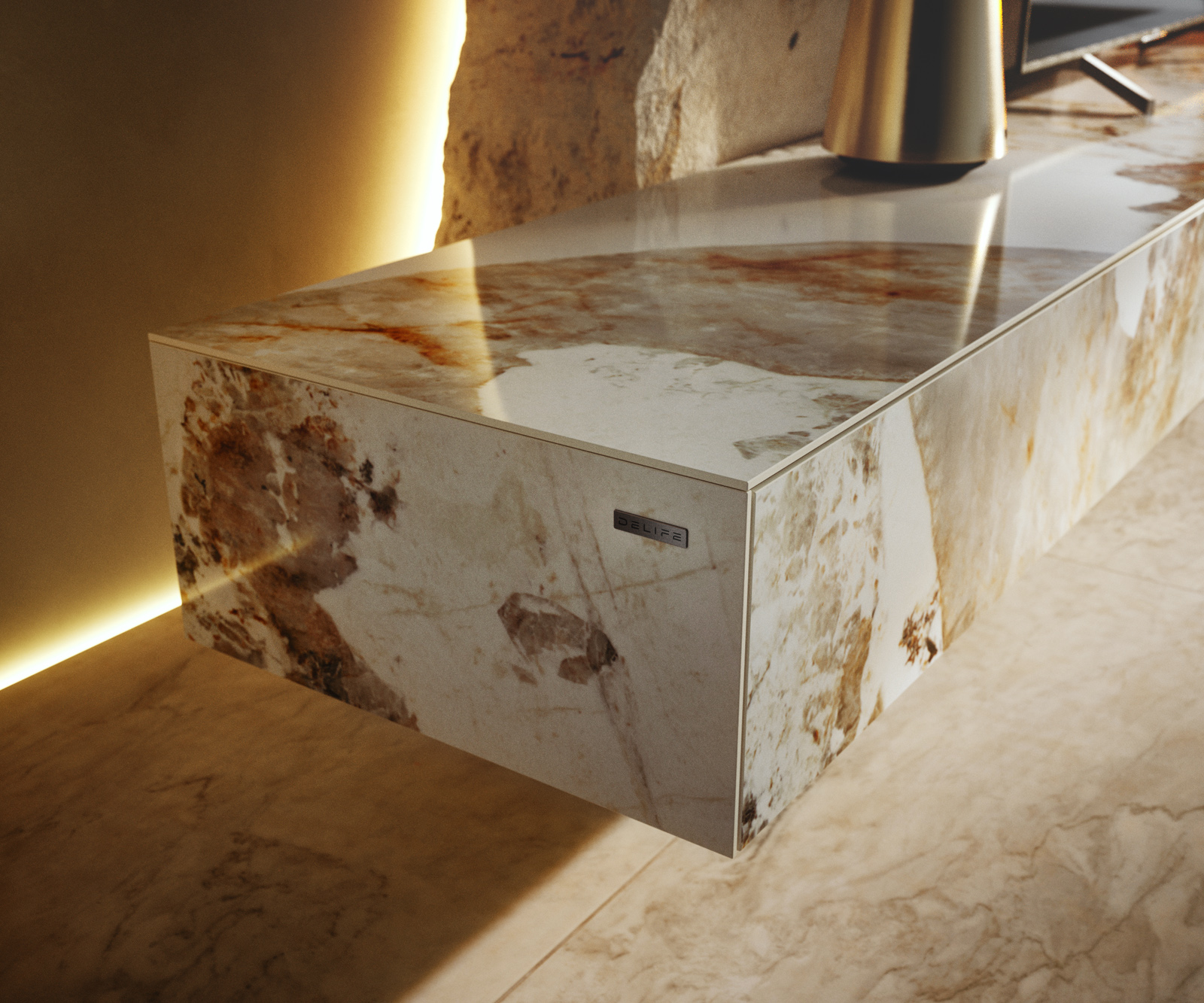 TV szekrény Cuor 250 cm kerámia Minas melange fehér-bézs 1 billenő ajtó 1 fiókos láb lebegő rozsdamentes acél - Image 7