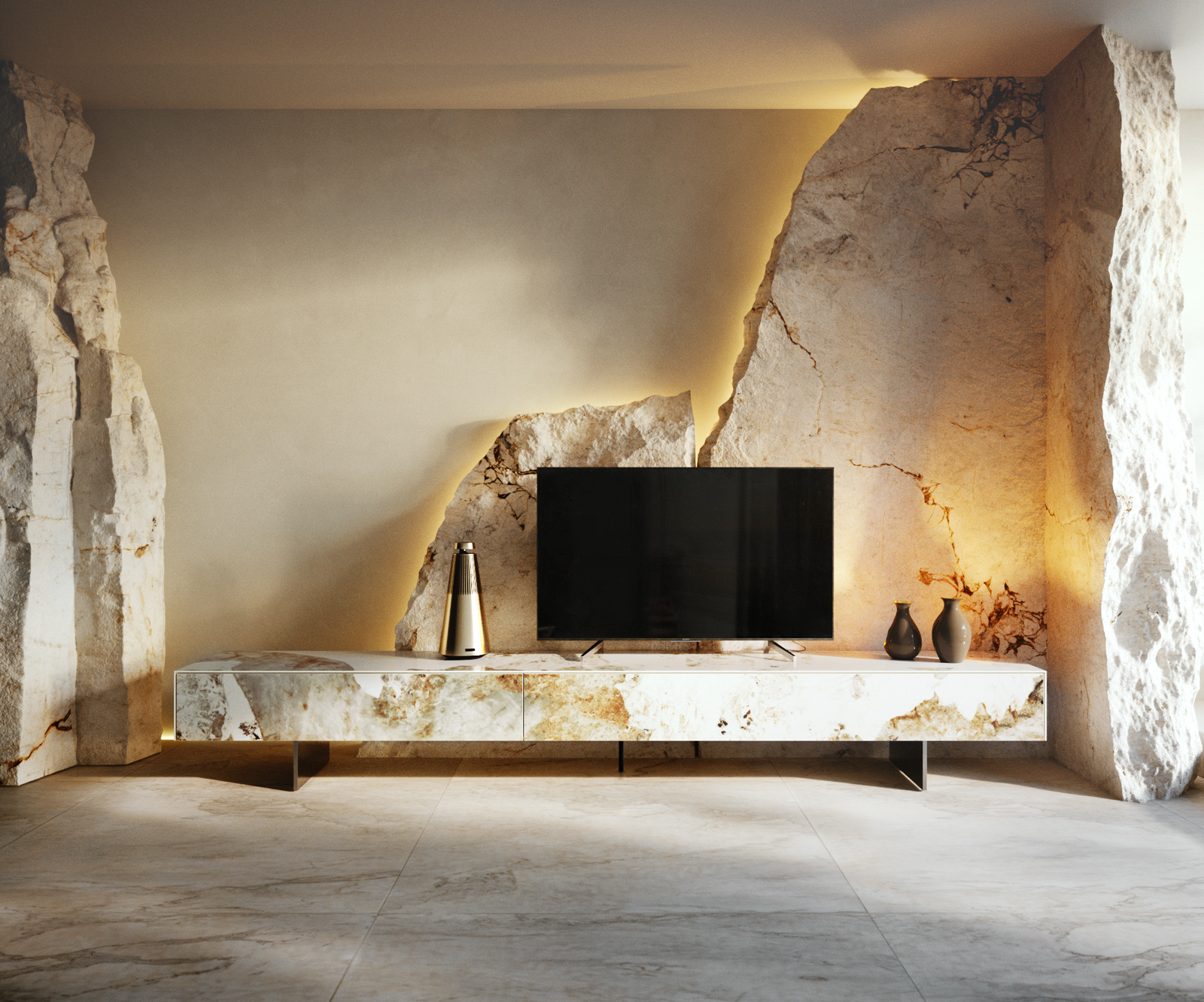 TV szekrény Cuor 250 cm kerámia Minas melange fehér-bézs 1 billenő ajtó 1 fiókos láb lebegő rozsdamentes acél