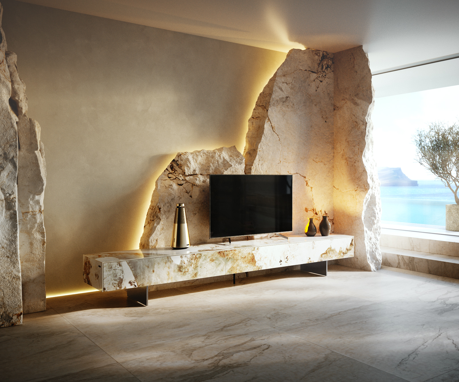 TV szekrény Cuor 250 cm kerámia Minas melange fehér-bézs 1 billenő ajtó 1 fiókos láb lebegő rozsdamentes acél - Image 2