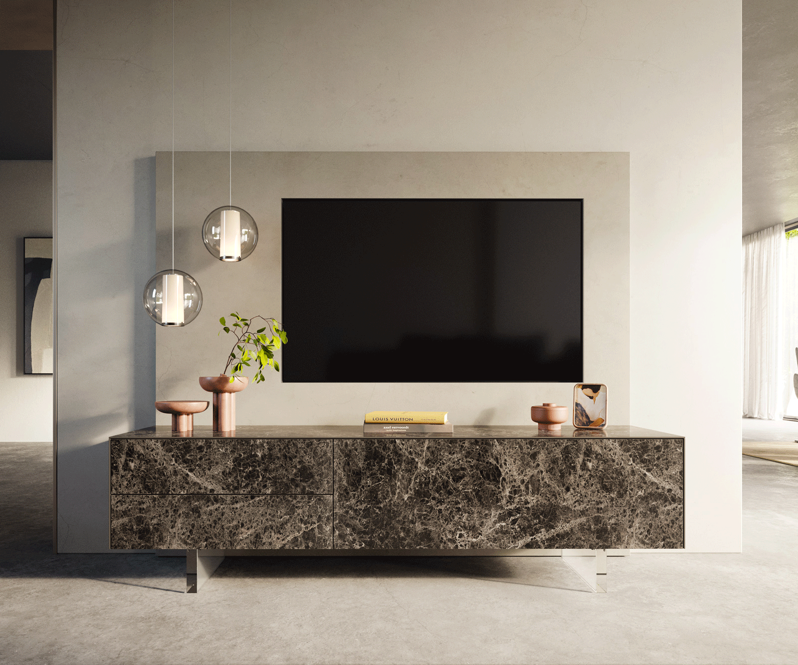 TV szekrény Cuor 180 cm kerámia Laminam® Emperador Extra Lucidato sötétbarna 1 billenő ajtó 2 fiókos lebegő láb akrilüveg - Image 2