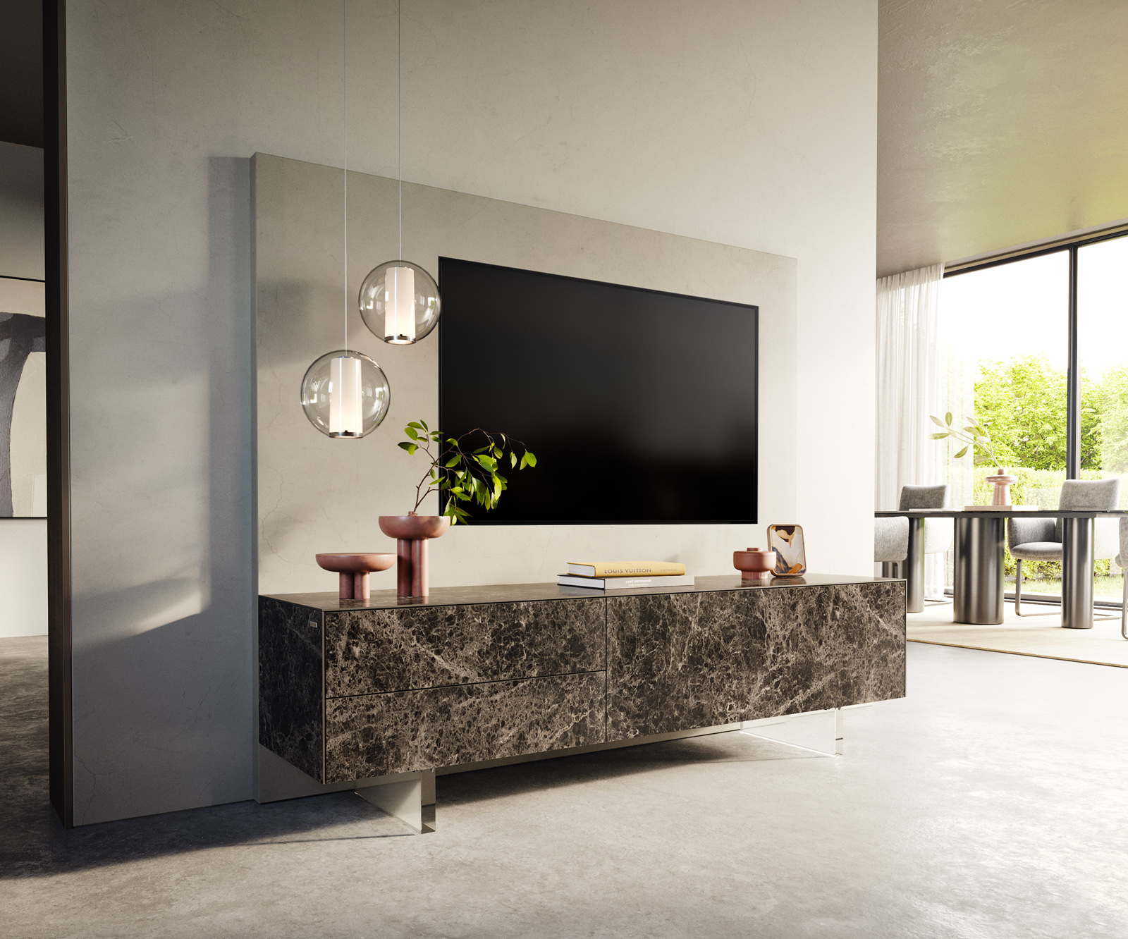 TV szekrény Cuor 180 cm kerámia Laminam® Emperador Extra Lucidato sötétbarna 1 billenő ajtó 2 fiókos lebegő láb akrilüveg