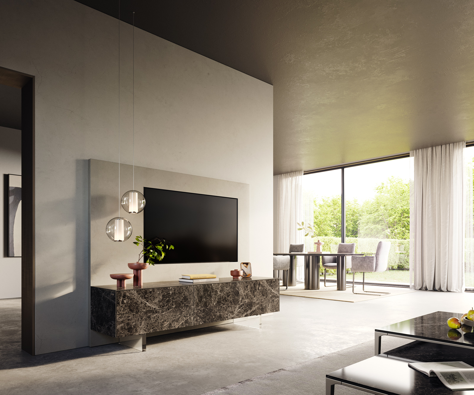 TV szekrény Cuor 180 cm kerámia Laminam® Emperador Extra Lucidato sötétbarna 1 billenő ajtó 2 fiókos lebegő láb akrilüveg - Image 7