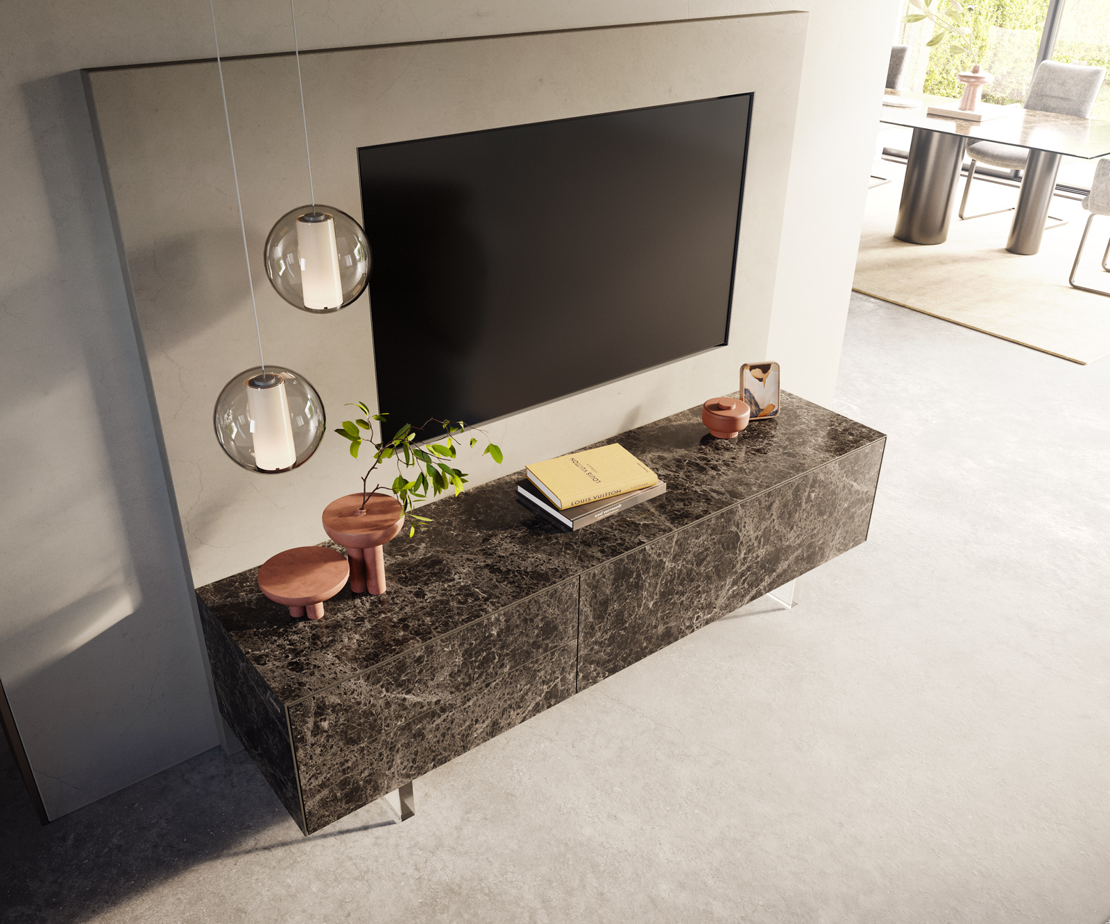 TV szekrény Cuor 180 cm kerámia Laminam® Emperador Extra Lucidato sötétbarna 1 billenő ajtó 2 fiókos lebegő láb akrilüveg - Image 4