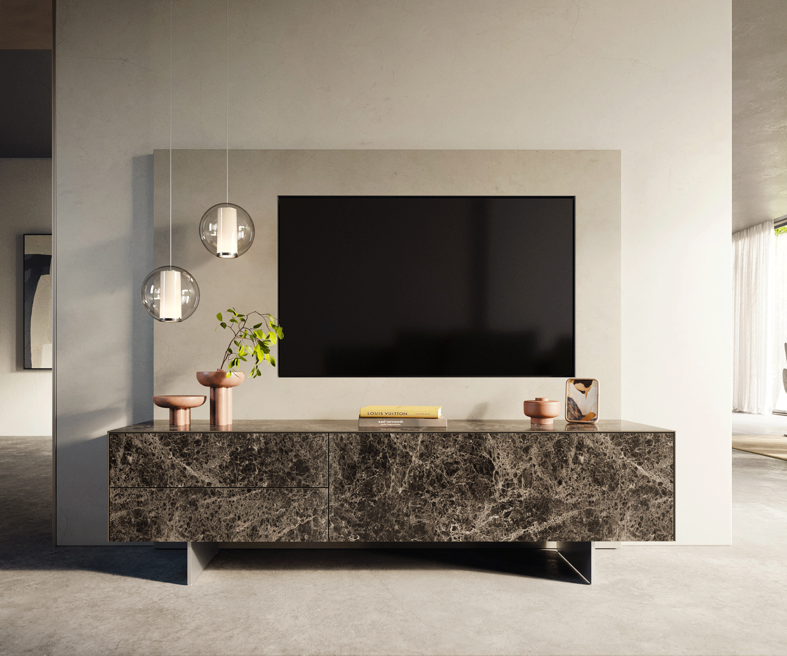 TV szekrény Cuor 180 cm kerámia Laminam® Emperador Extra Lucidato sötétbarna 1 billenő ajtó 2 fiókos lebegő rozsdamentes acél láb - Image 2