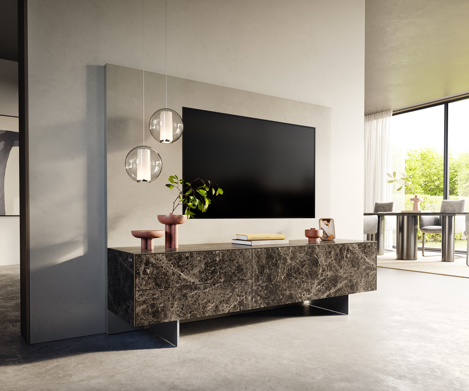 TV szekrény Cuor 180 cm kerámia Laminam® Emperador Extra Lucidato sötétbarna 1 billenő ajtó 2 fiókos lebegő rozsdamentes acél láb