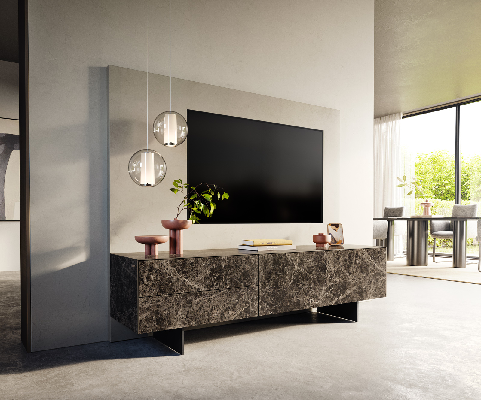 TV szekrény Cuor 180 cm kerámia Laminam® Emperador Extra Lucidato sötétbarna 1 billenő ajtó 2 fiókos lebegő fém láb fekete