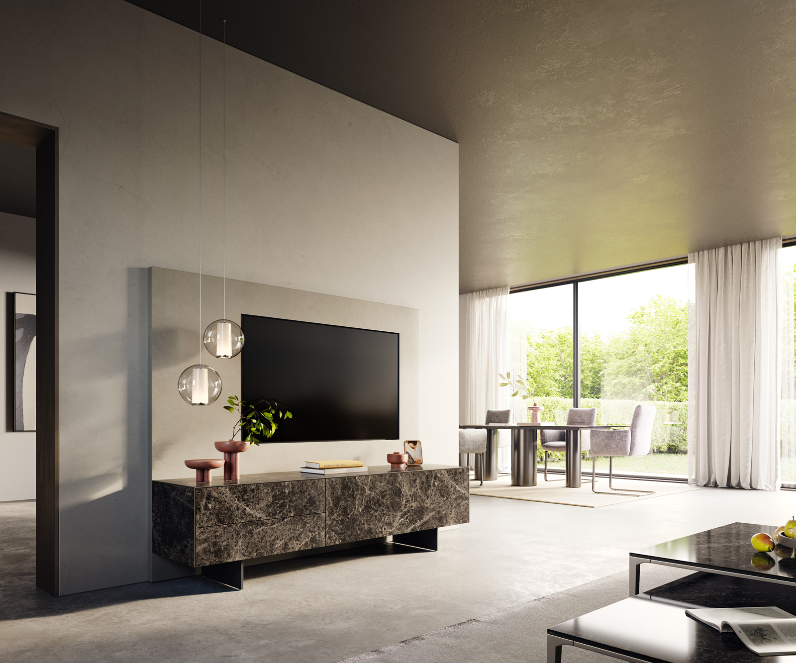 TV szekrény Cuor 180 cm kerámia Laminam® Emperador Extra Lucidato sötétbarna 1 billenő ajtó 2 fiókos lebegő fém láb fekete - Image 7