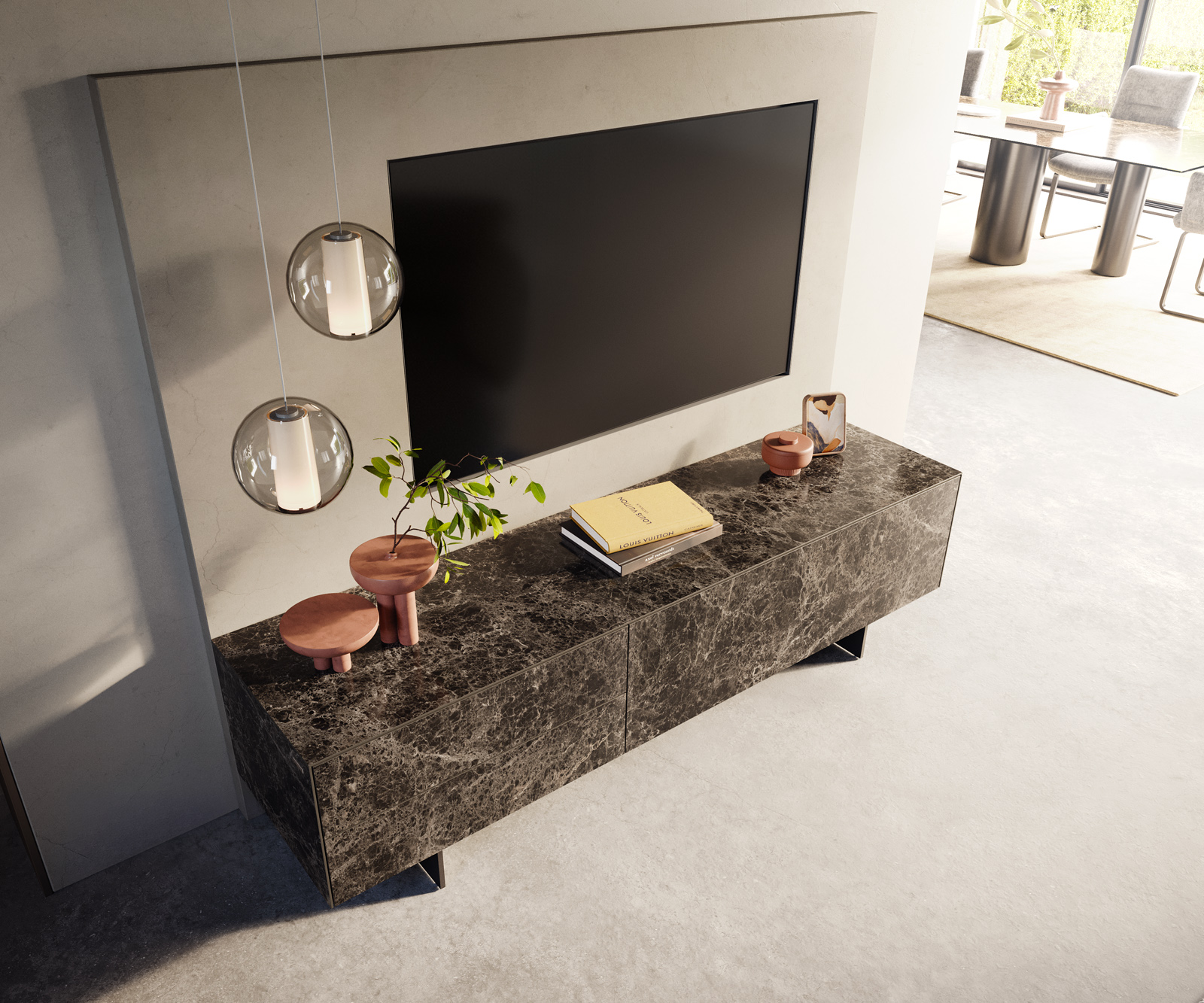 TV szekrény Cuor 180 cm kerámia Laminam® Emperador Extra Lucidato sötétbarna 1 billenő ajtó 2 fiókos lebegő fém láb fekete - Image 4