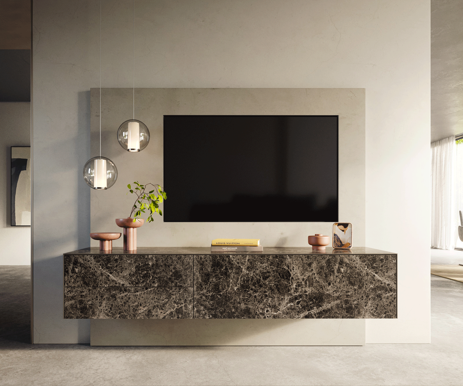 TV szekrény Cuor 180 cm Laminam® Emperador kerámia extra fényes sötétbarna 1 billenő ajtó 2 fiókos lebegő - Image 2
