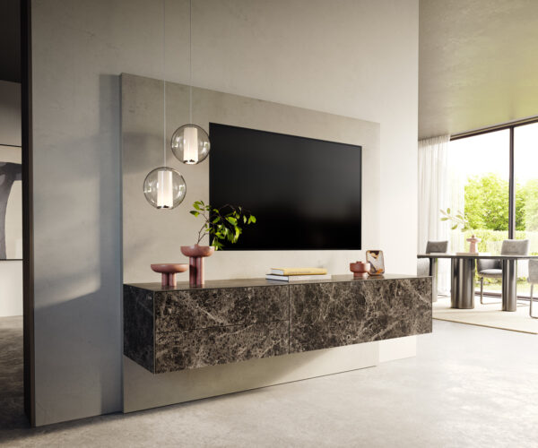 TV szekrény Cuor 180 cm Laminam® Emperador kerámia extra fényes sötétbarna 1 billenő ajtó 2 fiókos lebegő