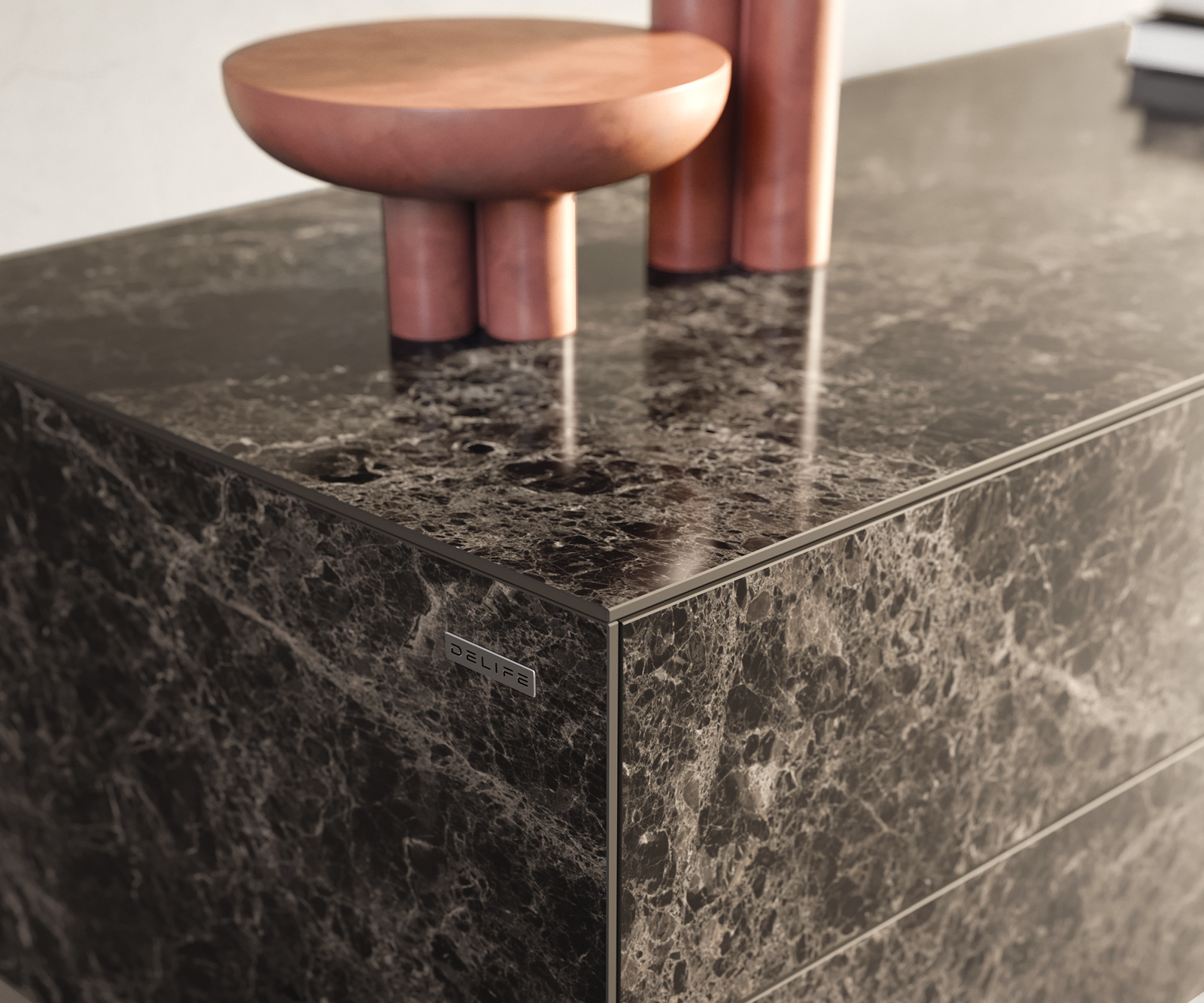 TV szekrény Cuor 180 cm Laminam® Emperador kerámia extra fényes sötétbarna 1 billenő ajtó 2 fiókos lebegő - Image 6