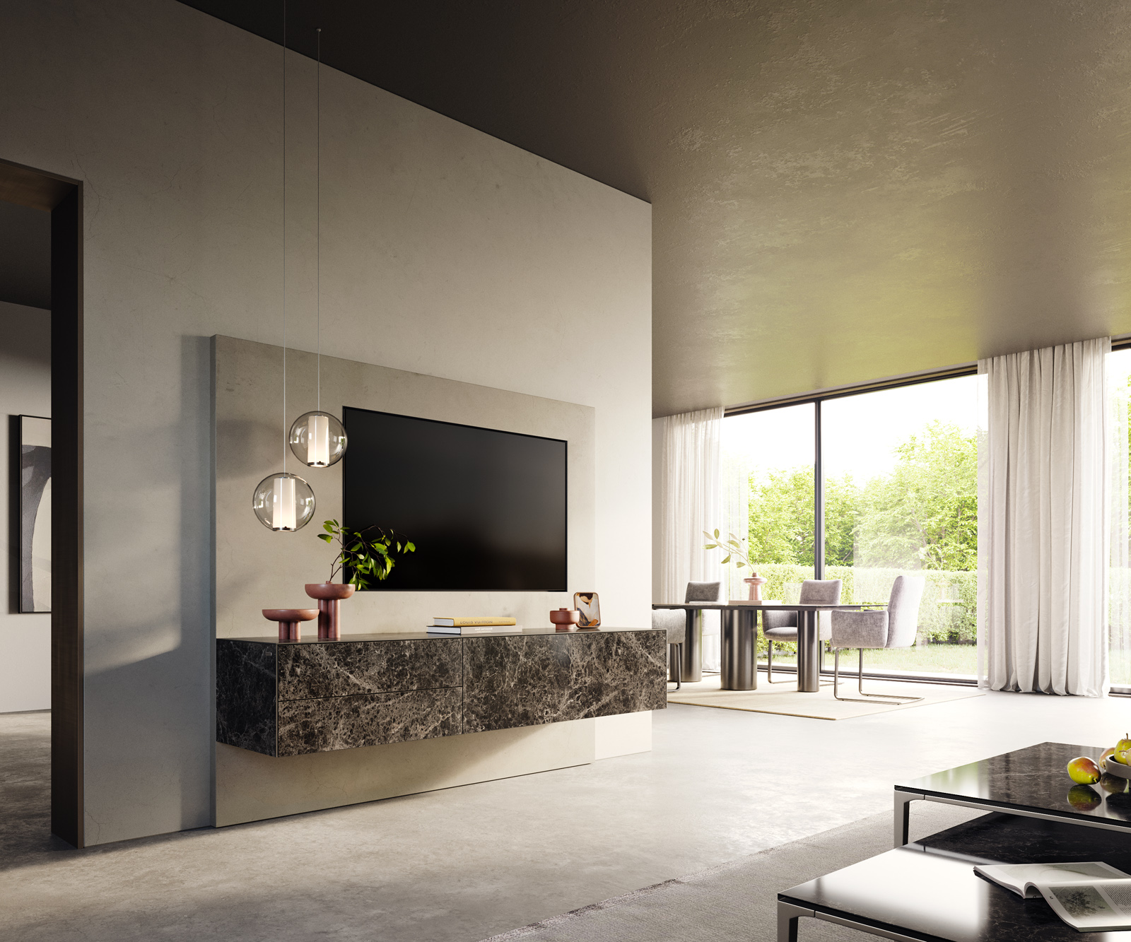 TV szekrény Cuor 180 cm Laminam® Emperador kerámia extra fényes sötétbarna 1 billenő ajtó 2 fiókos lebegő - Image 7