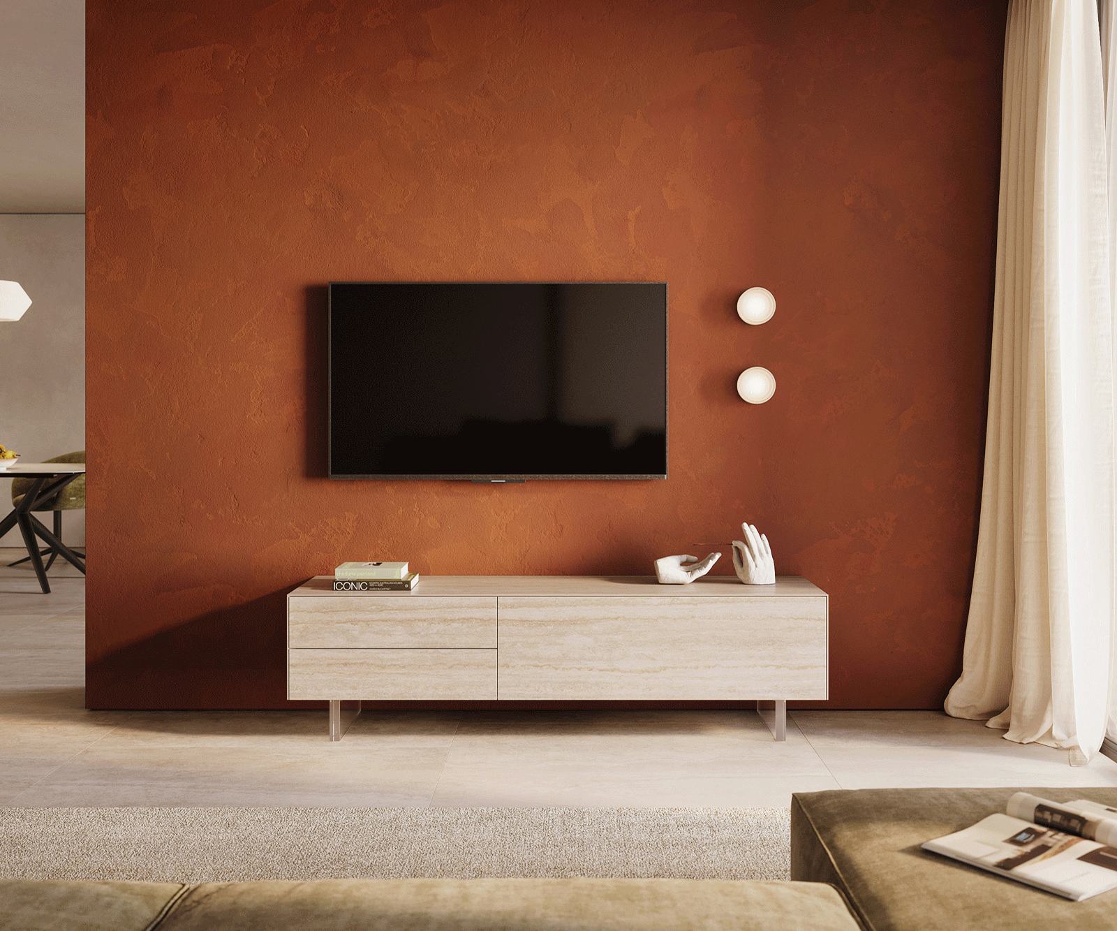 TV szekrény Cuor 180 cm Laminam® kerámia Travertino Bianco krémfehér 1 billenő ajtó 2 fiókos rakodófelület lebegő láb akrilüveg - Image 2