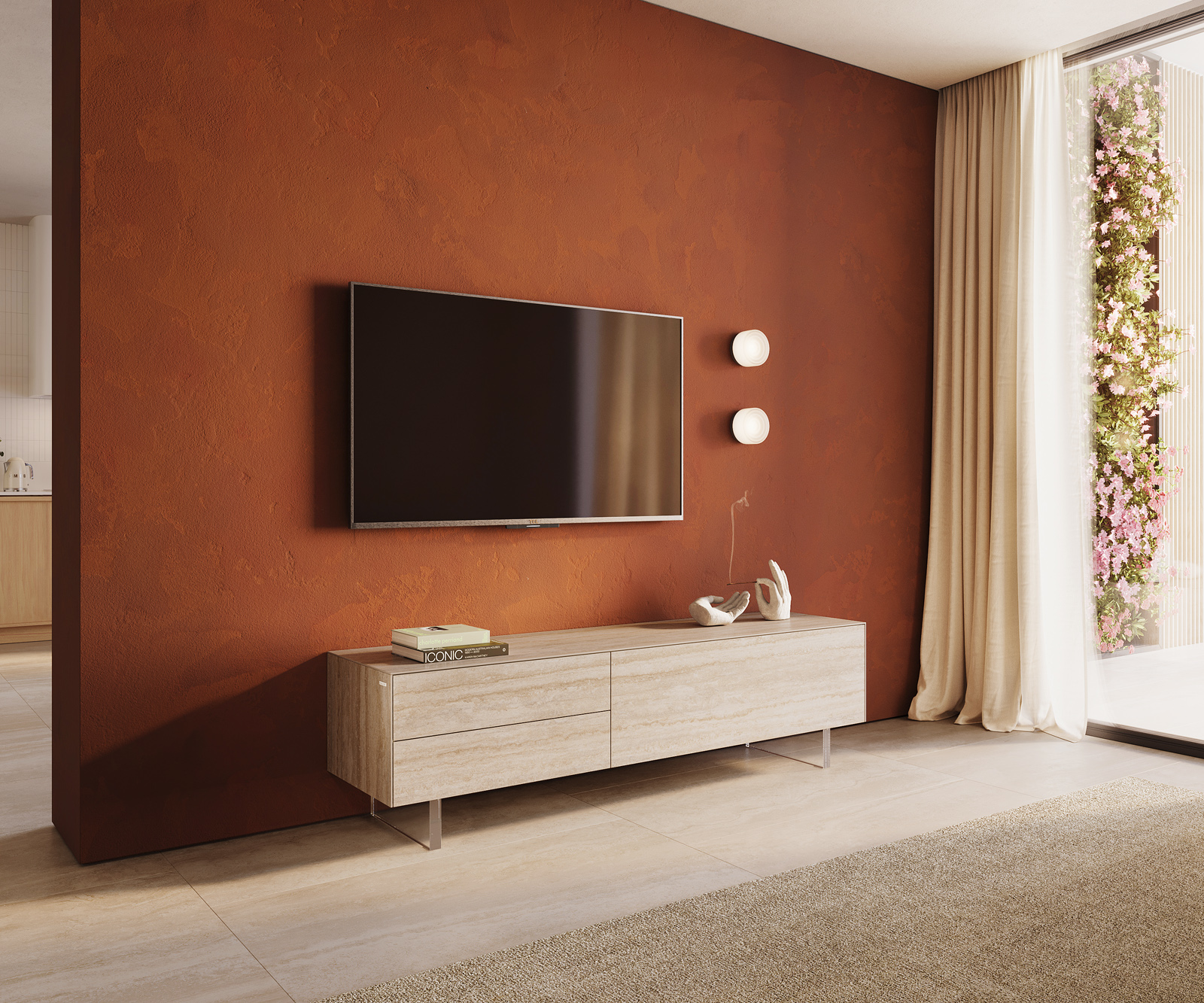 TV szekrény Cuor 180 cm Laminam® kerámia Travertino Bianco krémfehér 1 billenő ajtó 2 fiókos rakodófelület lebegő láb akrilüveg