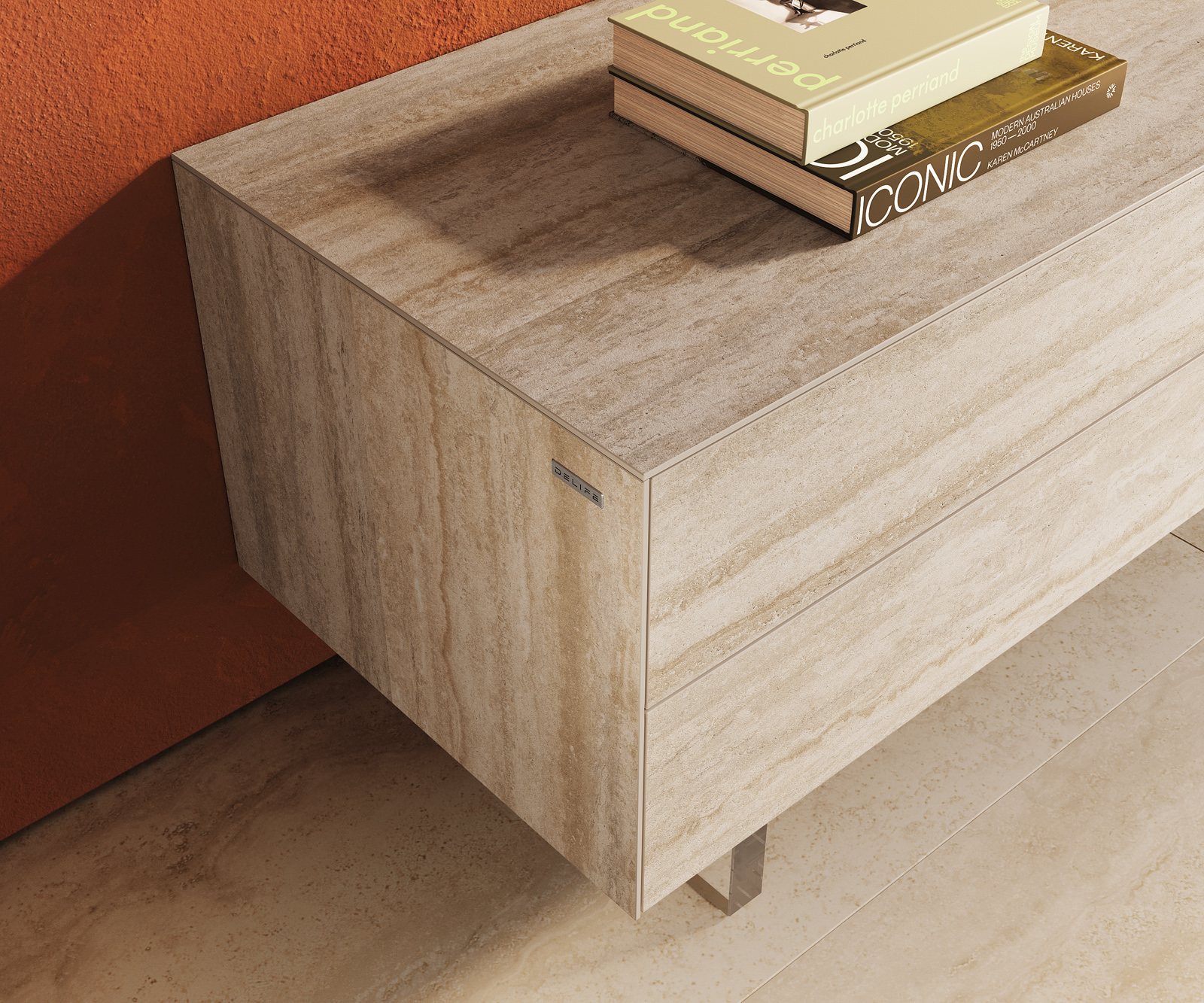 TV szekrény Cuor 180 cm Laminam® kerámia Travertino Bianco krémfehér 1 billenő ajtó 2 fiókos rakodófelület lebegő láb akrilüveg - Image 6