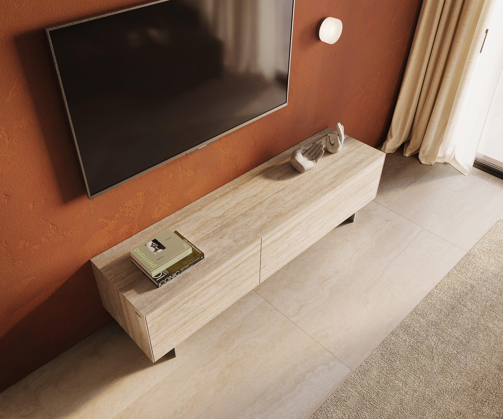 TV szekrény Cuor 180 cm kerámia Laminam® Travertino Bianco krémfehér 1 billenő ajtó 2 fiókos lebegő rozsdamentes acél láb - Image 4