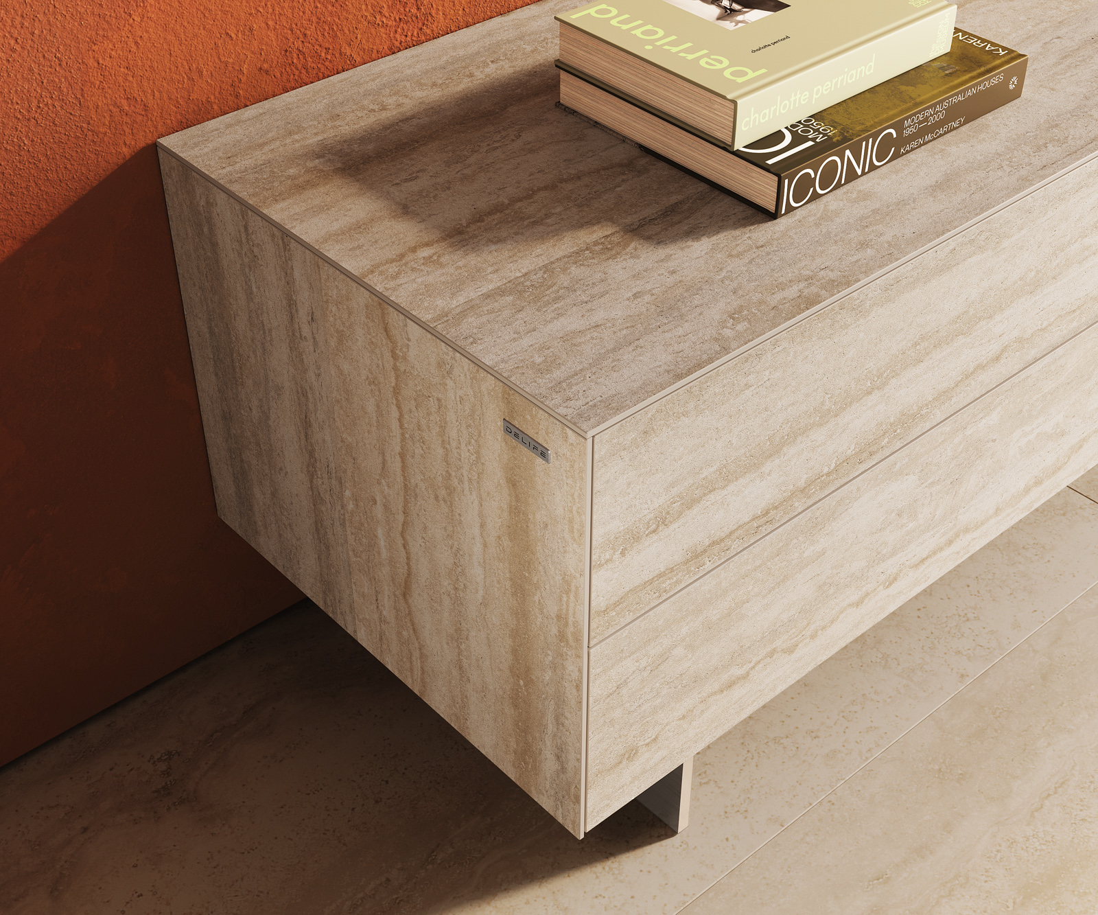 TV szekrény Cuor 180 cm kerámia Laminam® Travertino Bianco krémfehér 1 billenő ajtó 2 fiókos lebegő rozsdamentes acél láb - Image 6