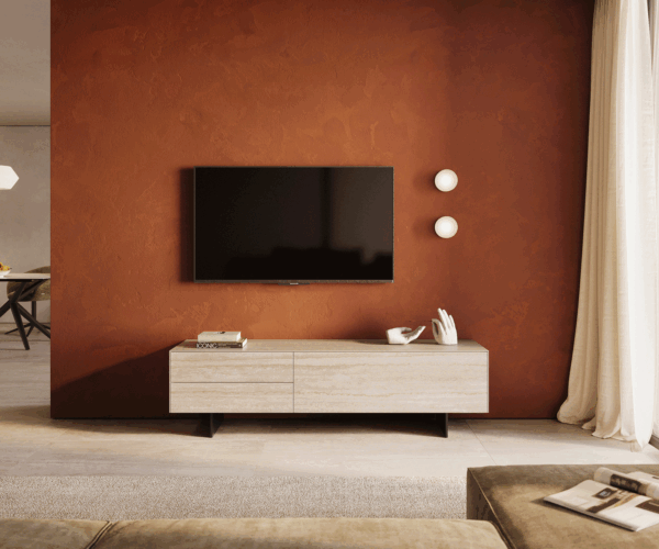 TV szekrény Cuor 180 cm kerámia Laminam® Travertino Bianco krémfehér 1 billenő ajtó 2 fiókos lebegő fém láb fekete - Image 2