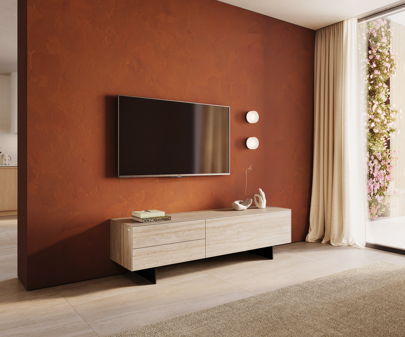 TV szekrény Cuor 180 cm kerámia Laminam® Travertino Bianco krémfehér 1 billenő ajtó 2 fiókos lebegő fém láb fekete