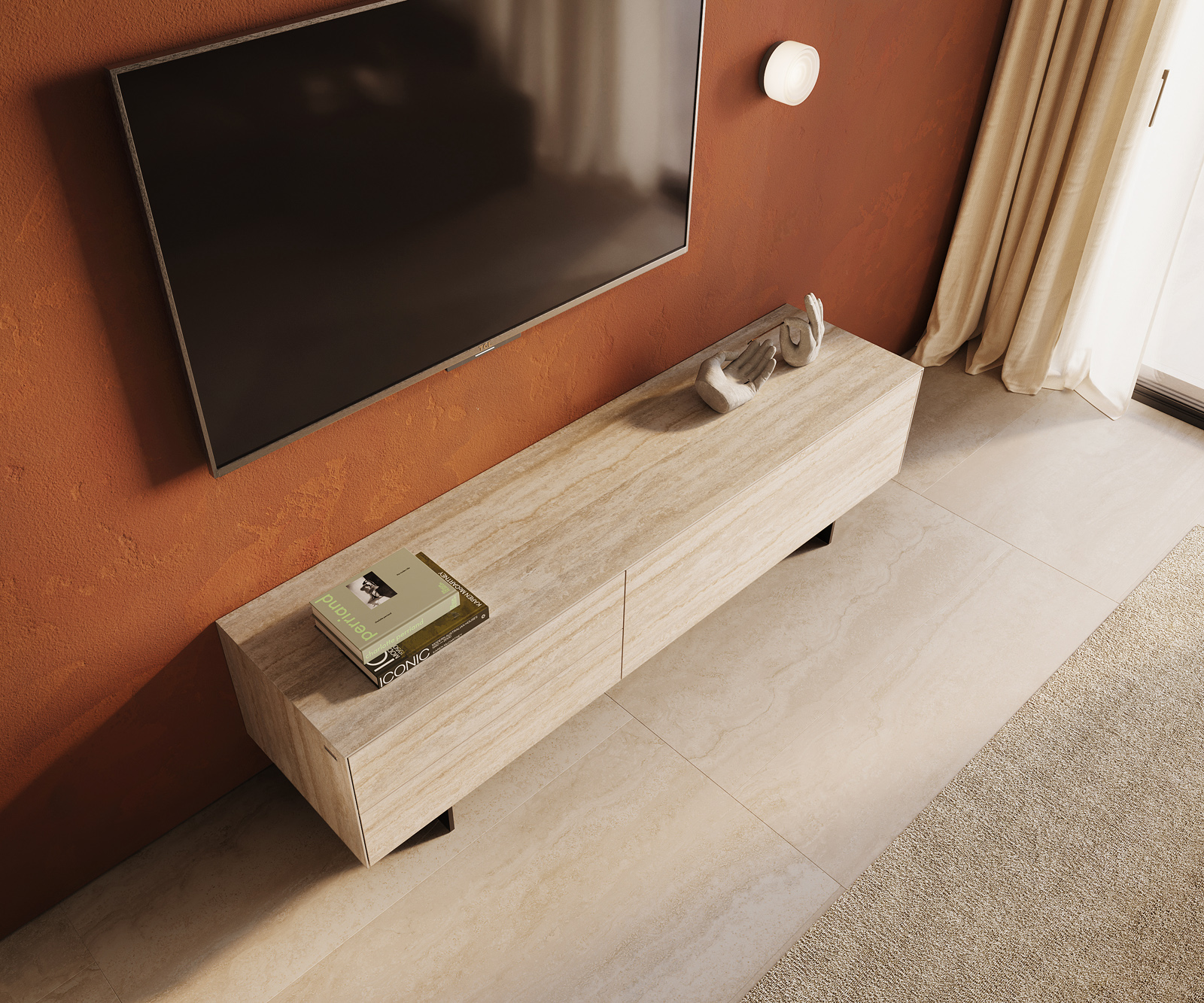 TV szekrény Cuor 180 cm kerámia Laminam® Travertino Bianco krémfehér 1 billenő ajtó 2 fiókos lebegő fém láb fekete - Image 4