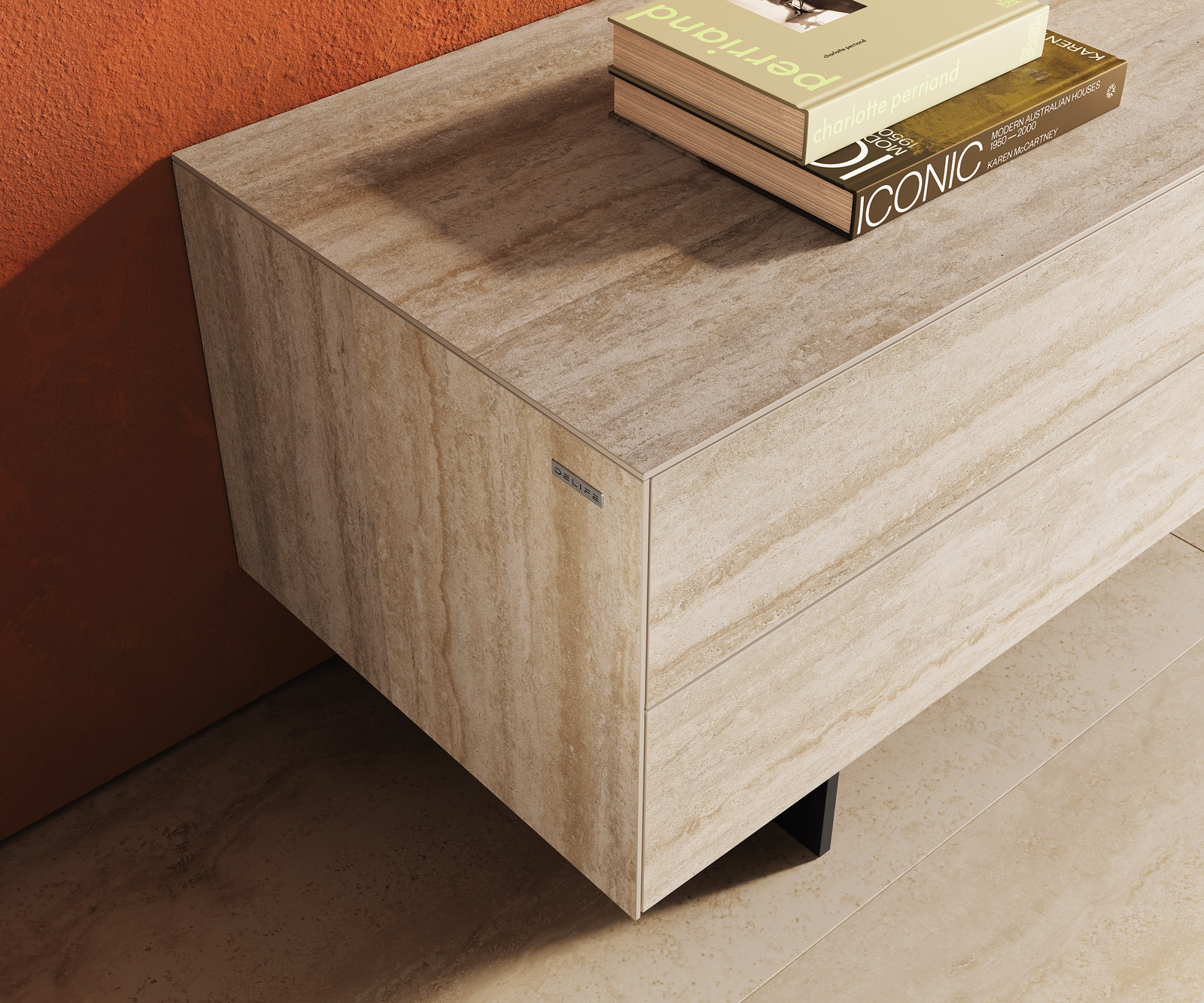 TV szekrény Cuor 180 cm kerámia Laminam® Travertino Bianco krémfehér 1 billenő ajtó 2 fiókos lebegő fém láb fekete - Image 6