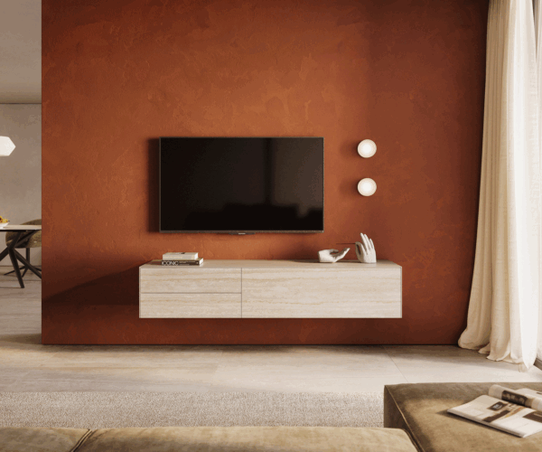TV szekrény Cuor 180 cm Laminam® kerámia travertino bianco krémfehér 1 billenő ajtó 2 fiókos lebegő - Image 2