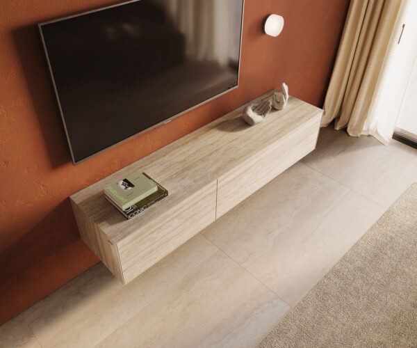 TV szekrény Cuor 180 cm Laminam® kerámia travertino bianco krémfehér 1 billenő ajtó 2 fiókos lebegő - Image 4