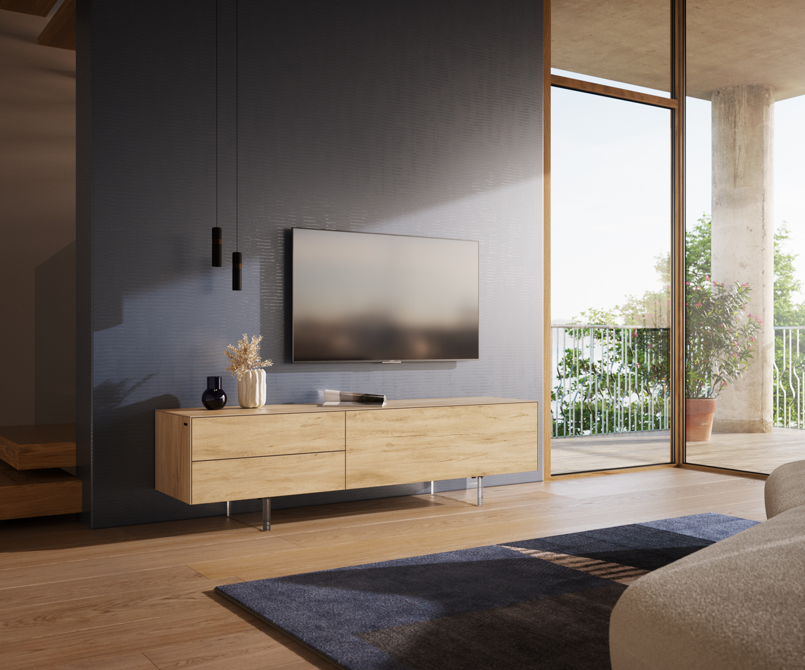 TV szekrény Cuor 180 cm kerámia Laminam® Sabbia tölgyszínű 1 billenő ajtó 2 fiókos rekesz lebegő láb akrilüveg
