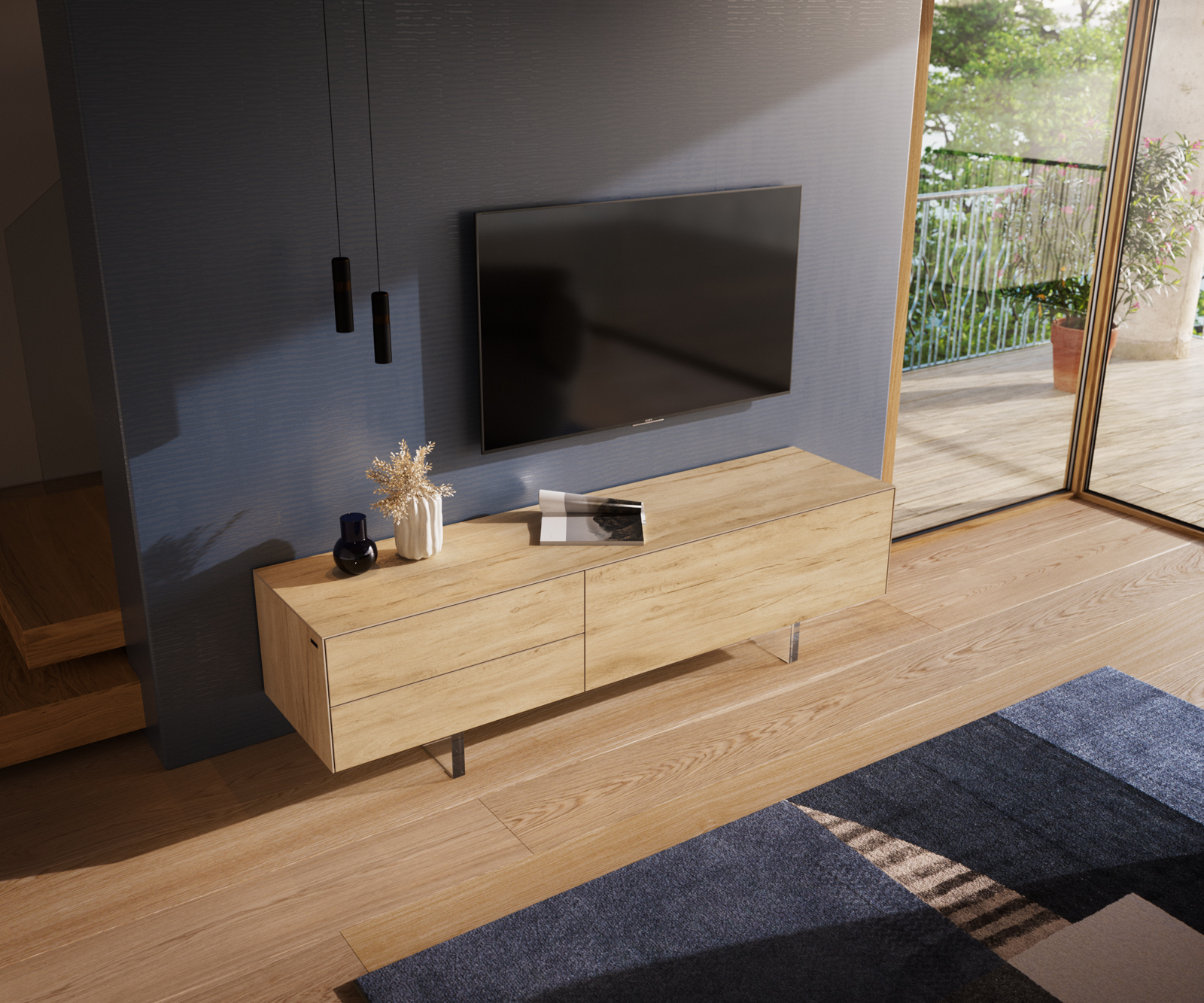 TV szekrény Cuor 180 cm kerámia Laminam® Sabbia tölgyszínű 1 billenő ajtó 2 fiókos rekesz lebegő láb akrilüveg - Image 4