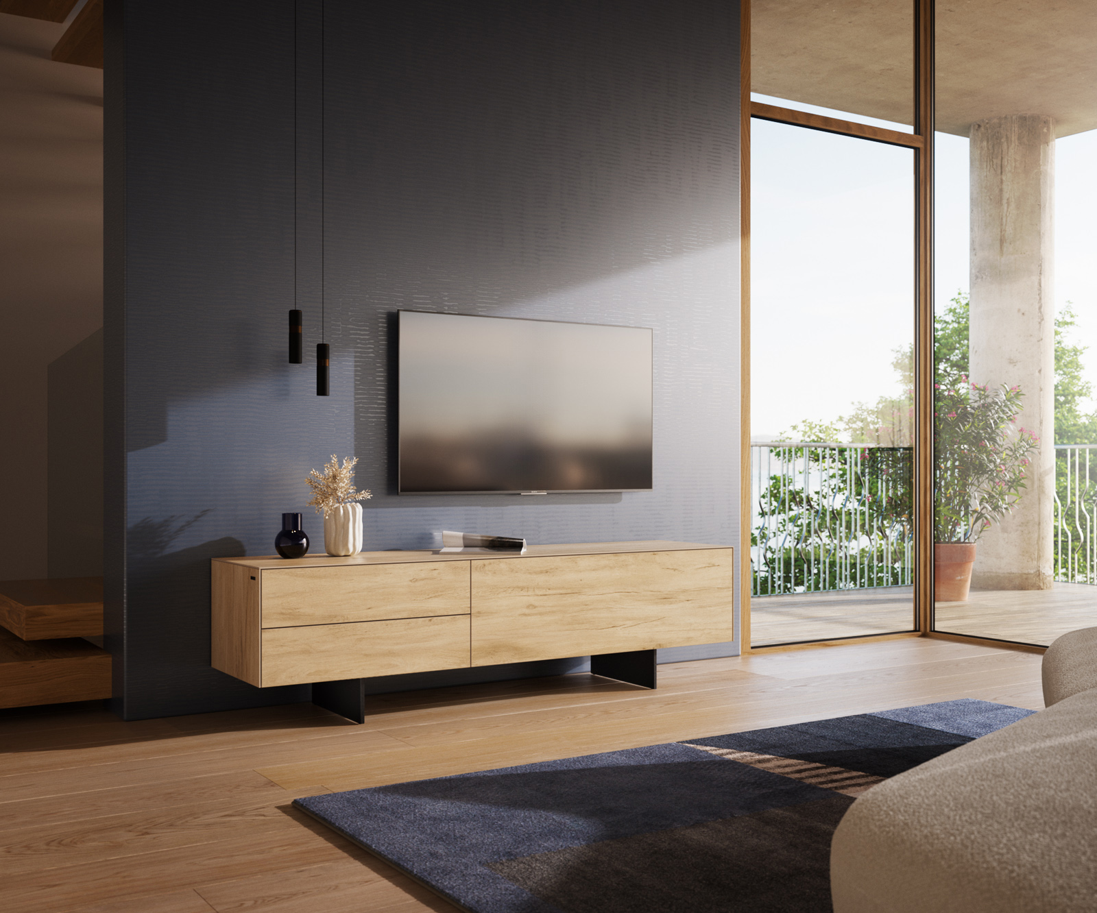 TV szekrény Cuor 180 cm kerámia Laminam® Sabbia tölgyszínű 1 billenő ajtó 2 fiókos láb lebegő fém fekete