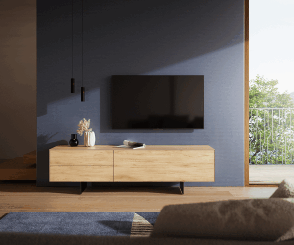 TV szekrény Cuor 180 cm kerámia Laminam® Sabbia tölgyszínű 1 billenő ajtó 2 fiókos láb lebegő fém fekete - Image 2