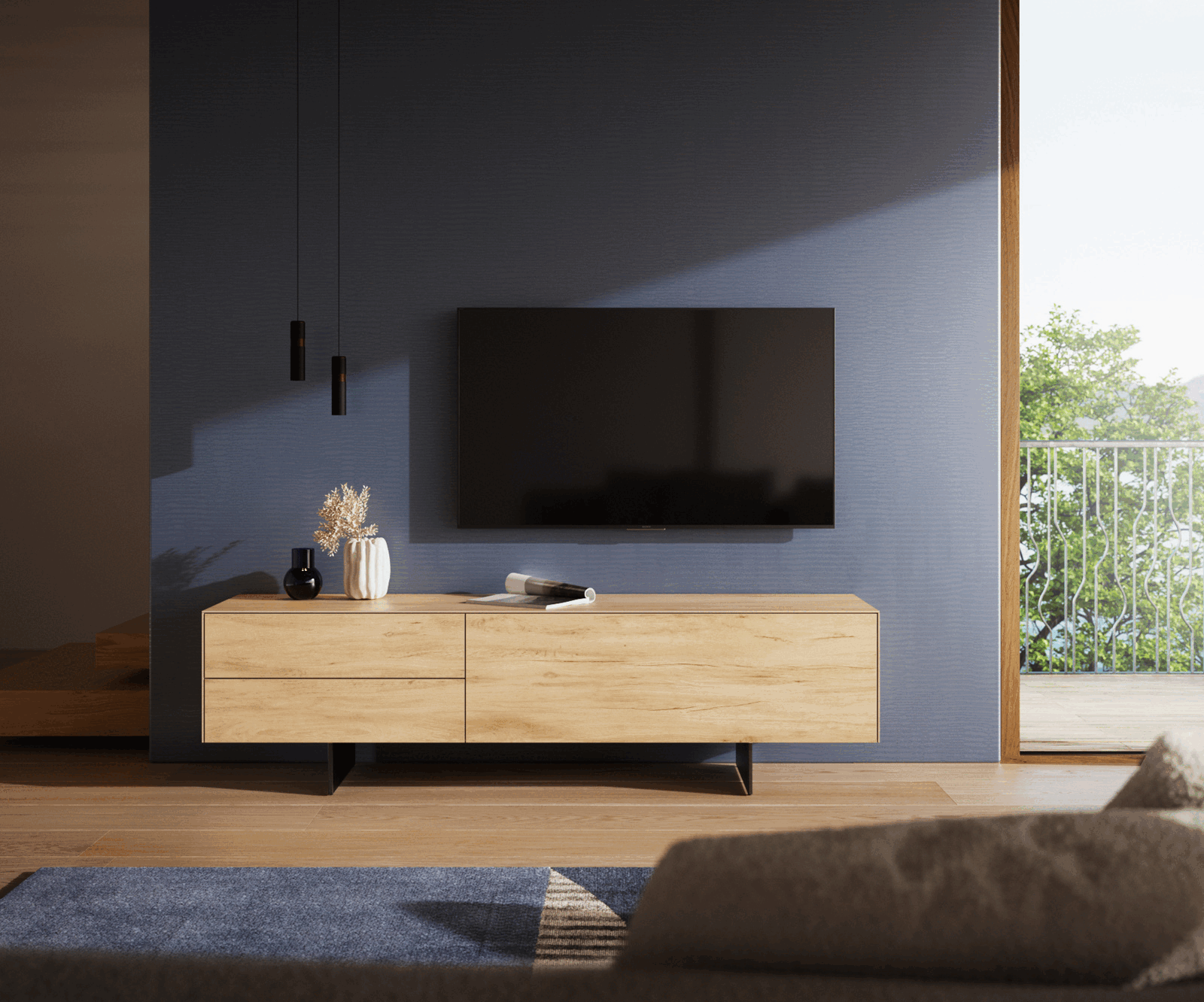 TV szekrény Cuor 180 cm kerámia Laminam® Sabbia tölgyszínű 1 billenő ajtó 2 fiókos láb lebegő fém fekete - Image 2