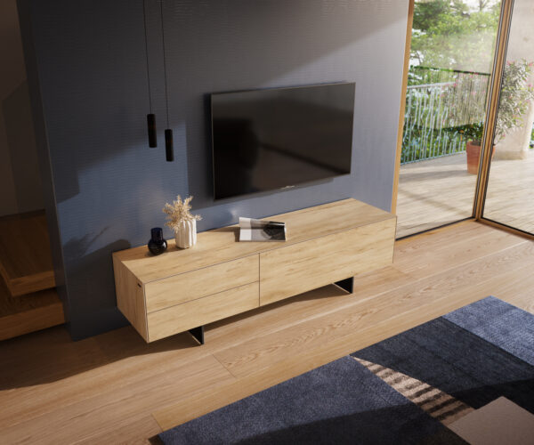 TV szekrény Cuor 180 cm kerámia Laminam® Sabbia tölgyszínű 1 billenő ajtó 2 fiókos láb lebegő fém fekete - Image 4